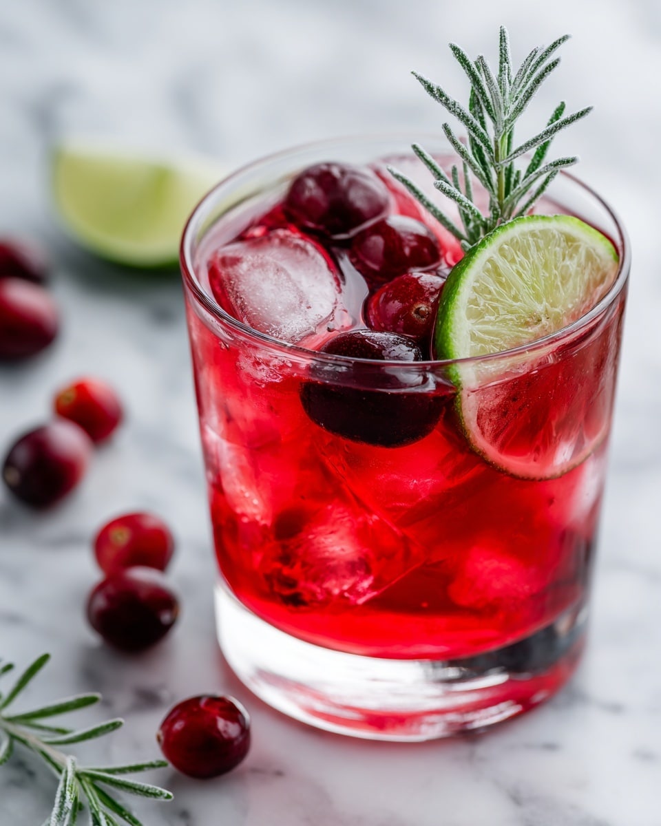 A short clear glass filled three-quarters with bright red liquid, ice inside giving a cool texture, floating whole dark red cranberries on the top layer, one thin round green lime slice positioned inside the drink near the glass wall, and a small green frosted rosemary branch standing upright at the rim. The glass sits on a white marbled surface with scattered cranberries and blurred background lights photo taken with an iphone --ar 4:5 --v 7