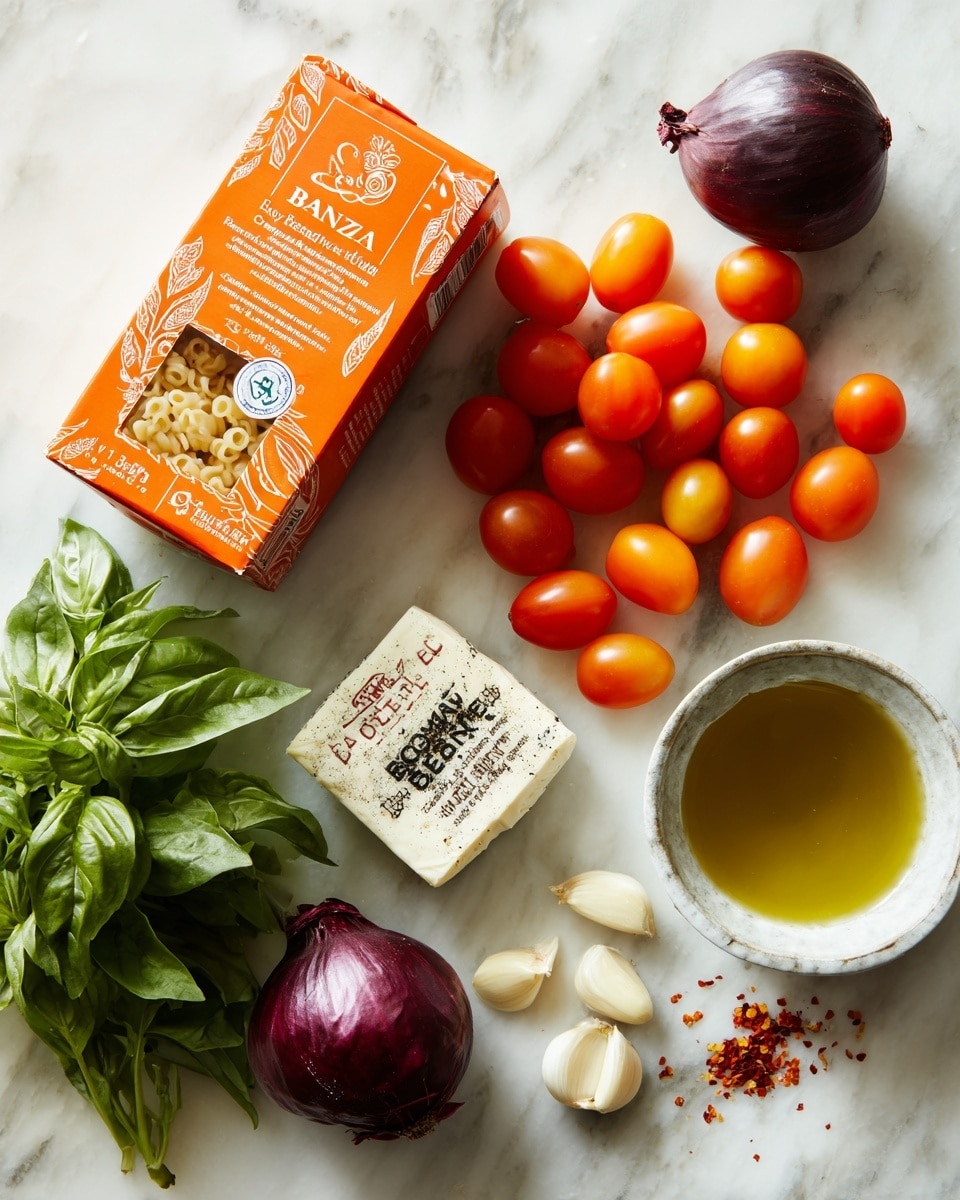 The image shows several fresh ingredients placed on a white marbled surface. At the top left, there is an orange box of Banza chickpea pasta, angled slightly, with its contents visible through a small window. To the right of the box is a cluster of small red and orange grape tomatoes. On the left side, below the box, there is a dark purple onion, and just below the onion, a small bunch of fresh green basil leaves. Near the center, there is a white square package of Boursin cracked black pepper cheese, next to a few cloves of peeled garlic in the bottom center. To the right of the garlic is a white bowl filled with light green olive oil. A few red pepper flakes are scattered near the bottom left corner. The overall feel is fresh and colorful with the ingredients neatly spaced out. photo taken with an iphone --ar 4:5 --v 7