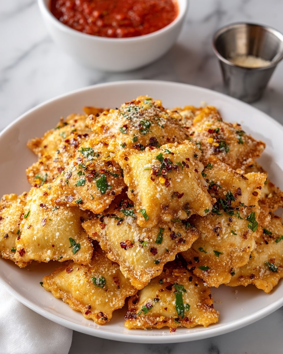 A white plate holds a pile of golden brown fried ravioli, each piece square and slightly puffed with a crispy texture. The ravioli are covered with small bits of minced garlic and sprinkled with finely grated cheese and red pepper flakes, giving a mix of white, light yellow, and red specks on top. The plate sits on a white marbled surface, and behind it, two small bowls are partially visible, one filled with red marinara sauce and the other with a brown seasoning. The photo taken with an iphone --ar 4:5 --v 7