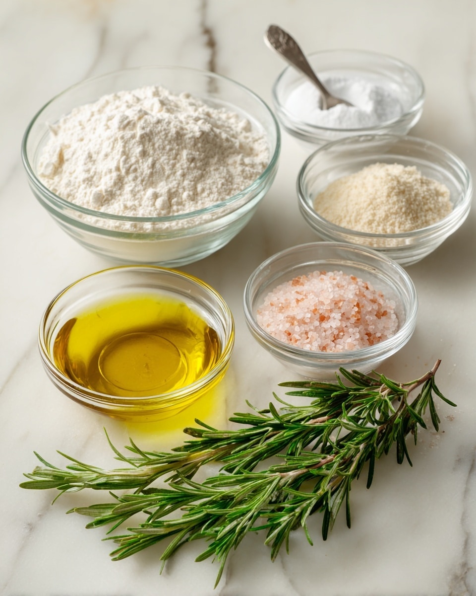 The image shows a clear glass bowl filled with white flour as the largest item in the background. In front and to the left, there is a smaller clear glass bowl with golden yellow olive oil that has a shiny surface. Next to the oil, there is a fresh green rosemary sprig with multiple thin leaves on a small branch laid flat on a white marbled surface. To the right of the rosemary, a small clear glass bowl holds fine pink Himalayan salt with a smooth top layer. Above it to the right, another clear glass bowl contains a light beige granular ingredient, likely yeast. Above this, a small clear glass bowl holds coarse white salt with a small silver spoon resting in it. The whole setup is arranged neatly on a white marbled surface, with simple natural lighting. photo taken with an iphone --ar 4:5 --v 7