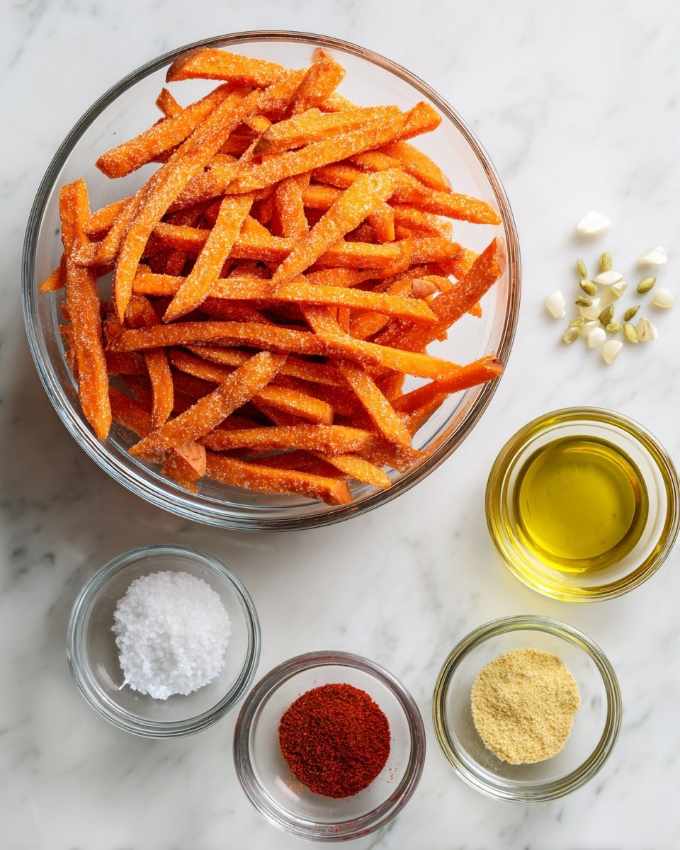 A clear glass bowl filled with frozen sweet potato fries, bright orange in color and covered with a light frost, sits on a white marbled surface. Surrounding the bowl are four small clear glass bowls, each holding a different seasoning or ingredient: a white flaky pile of sea salt, a pale yellow garlic powder, a golden green olive oil, and a deep red smoked paprika. Each ingredient is neatly placed and labeled on the white marbled surface. photo taken with an iphone --ar 4:5 --v 7