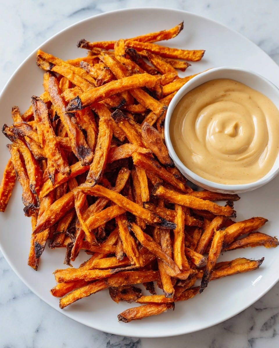 A white plate filled with a large pile of crispy orange sweet potato fries, some showing darker toasted edges for a crunchy look. On the right side of the plate, a small white bowl holds a smooth, creamy, beige dipping sauce with a few tiny black specks, giving it a rich texture. The plate rests on a white marbled surface. photo taken with an iphone --ar 4:5 --v 7