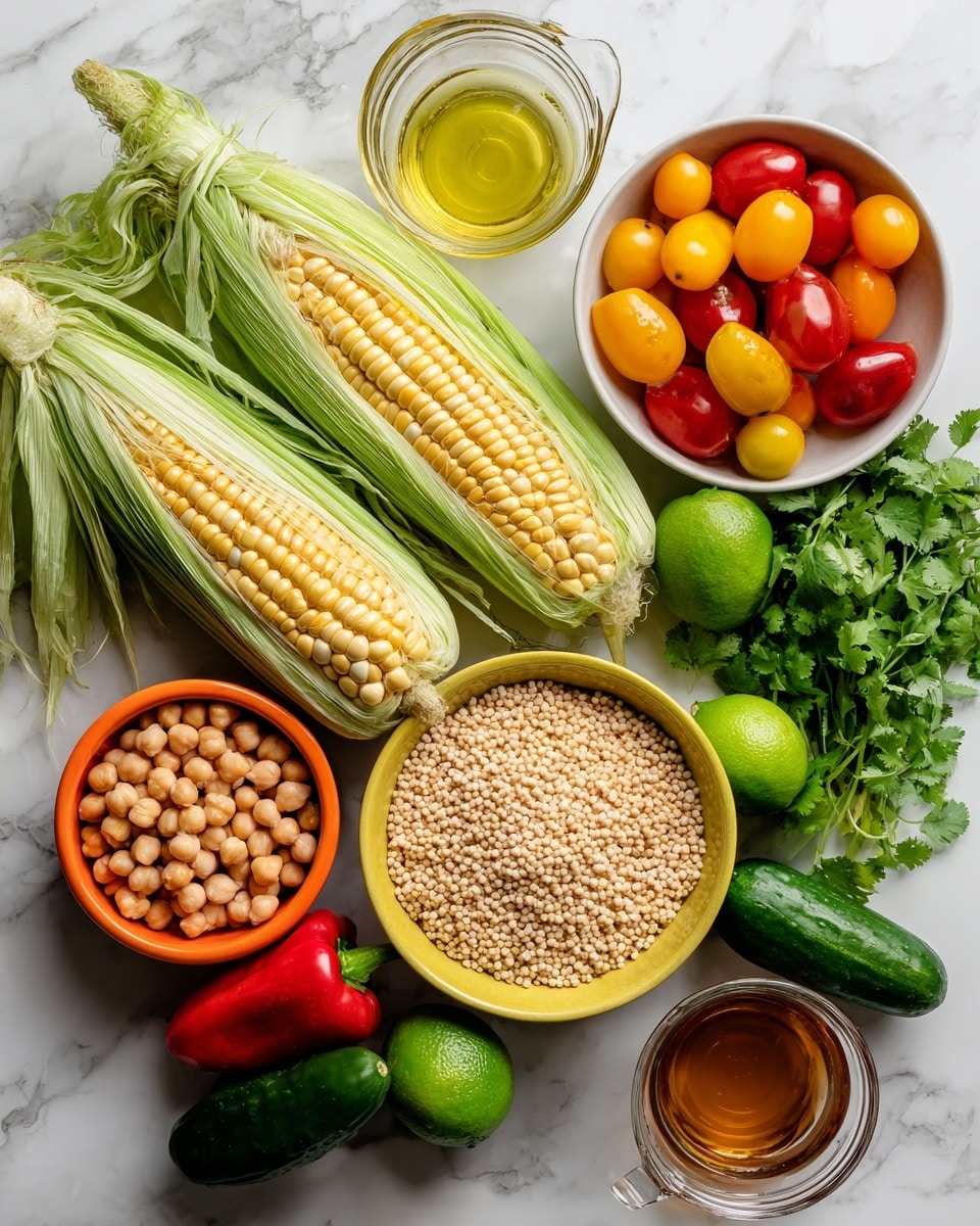 The image shows a collection of fresh ingredients arranged on a white marbled surface. There are three ears of sweet corn with green husks partially peeled. At the center, a yellow bowl is filled with pale yellow couscous grains. Next to it, a small orange bowl holds round, light brown chickpeas, while a small white bowl contains mixed red, yellow, and orange grape tomatoes. Bright green cilantro leaves spread out behind the couscous, accompanied by a small bunch of green onions tied together. Nearby are three green cucumbers, a shiny red bell pepper, and three green limes. Three small glass containers hold clear golden olive oil, light brown dijon mustard, and amber maple syrup. A clear measuring cup with orange vegetable broth completes the scene. Photo taken with an iphone --ar 4:5 --v 7