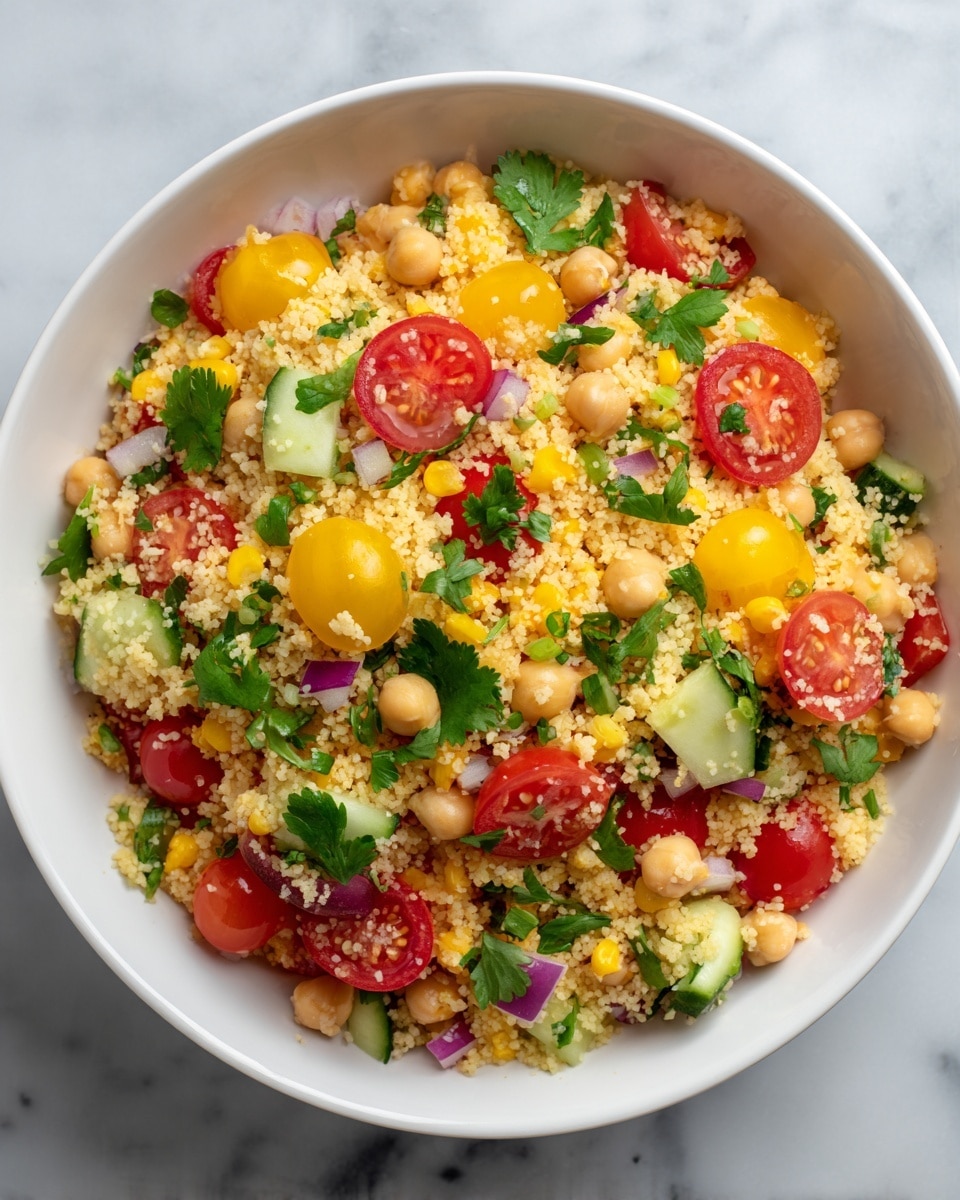 A close-up view of a couscous salad in a white bowl shows a mix of small, light beige couscous grains with bright yellow corn kernels scattered throughout. Red and yellow cherry tomato halves add vibrant pops of color, alongside small chunks of green cucumber and pieces of red onion. Light tan chickpeas are mixed in, along with bits of green scallions and fresh cilantro leaves on top, adding a leafy touch. The salad has a fresh and colorful look with a mix of soft and crunchy textures, all placed on a white marbled surface photo taken with an iphone --ar 4:5 --v 7