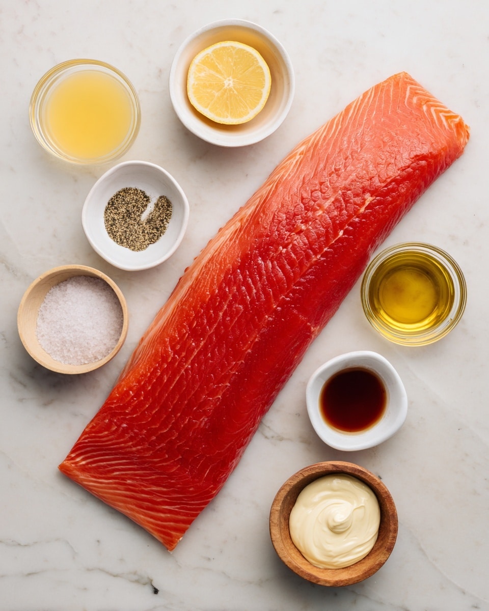 A large, raw wild-caught salmon fillet with a bright red-orange color and smooth, slightly shiny texture lies flat on a white marbled surface. Around it, seven small white or wooden bowls hold separate ingredients: lemon juice in a small clear glass bowl with a pale yellow liquid, kosher salt and black pepper mixed in a small wooden bowl, golden olive oil in a white bowl, dark amber pure maple syrup in a clear glass bowl, light yellow dijon mustard in a small wooden bowl, and creamy white mayo in a small white bowl. Each ingredient is labeled with simple white text above or near its bowl, positioned neatly around the salmon, all on a clean white marbled background. Photo taken with an iphone --ar 4:5 --v 7