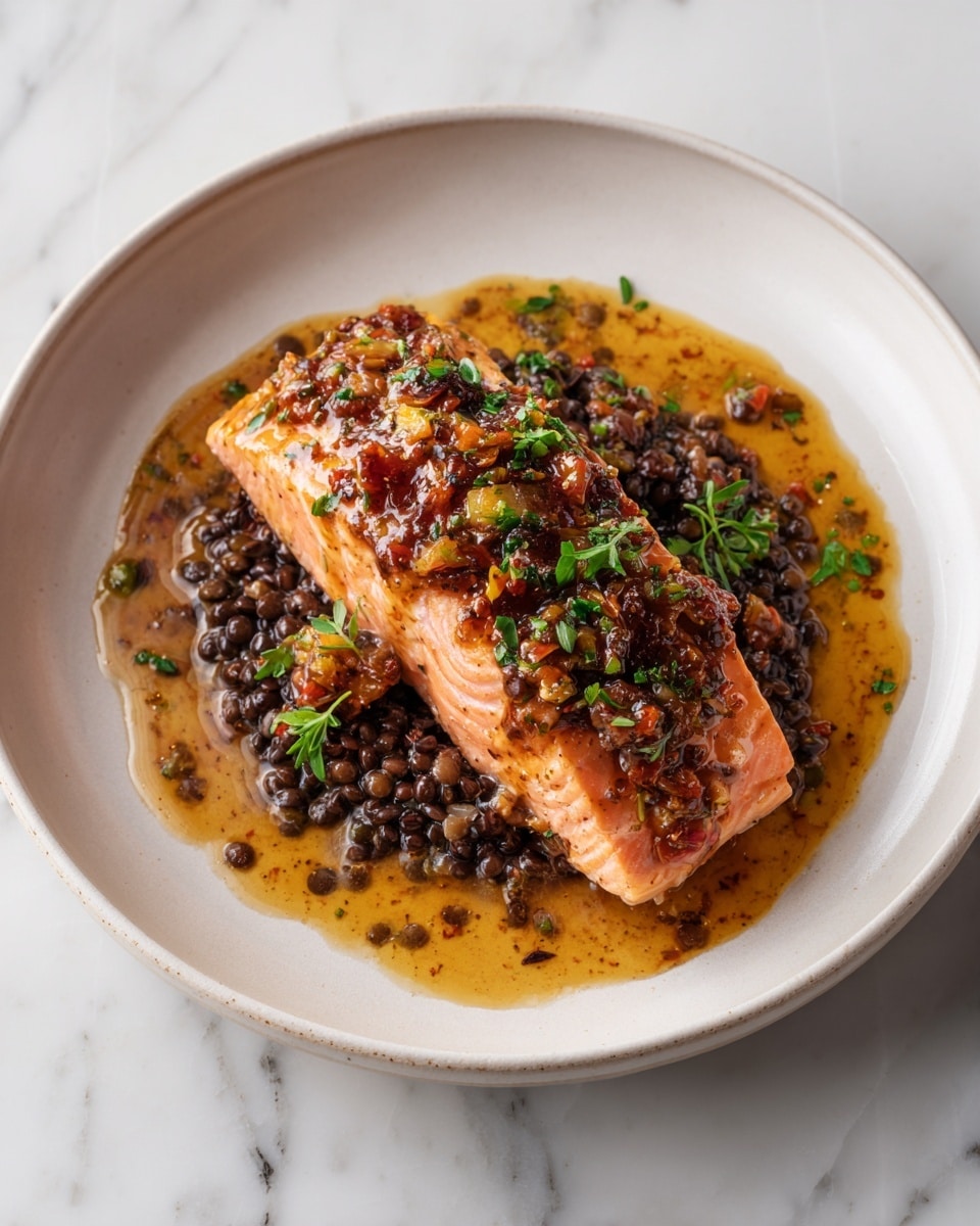 The image shows a white plate with two main layers: the bottom layer is a bed of small, dark brown lentils that look soft and moist, spread evenly across the plate. On top, there is a thick piece of cooked salmon with a pinkish-orange color, topped with a chunky light brown sauce with bits of green herbs and small yellow pieces, giving it a glossy and slightly textured appearance. The salmon edges are lightly browned, and the sauce drips slightly over the lentils. The plate sits on a white marbled surface. photo taken with an iphone --ar 4:5 --v 7