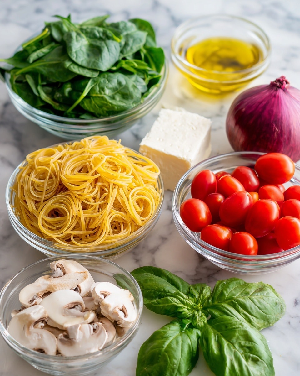 A clear glass bowl filled with dry yellow pasta stands at the center on a white marbled texture surface. Around it are smaller clear glass bowls filled with fresh green spinach leaves, bright red tomatoes, and white sliced mushrooms. Near the bowls, there is a whole purple onion, a white garlic bulb, a small glass container of golden olive oil, and a block of white goat cheese. Fresh green basil leaves add extra color and freshness to the scene. The lighting is bright and natural, highlighting the fresh and colorful ingredients. photo taken with an iphone --ar 4:5 --v 7