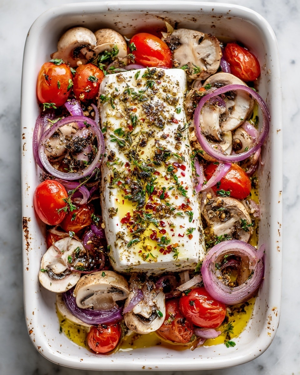 The image shows a white pan filled with a colorful mix of ingredients. There are three main layers visible: the first layer is made up of bright red grape tomatoes scattered around the pan, mixed with pale beige sliced mushrooms and small whole garlic cloves. The second layer consists of thin slices of purple-red onion mixed in between the tomatoes and mushrooms. Sitting on top in the center is a cylindrical block of white feta cheese seasoned with cracked black pepper and red chili flakes. The ingredients are spread unevenly but cover the entire pan, resting on a white marbled surface. photo taken with an iphone --ar 4:5 --v 7
