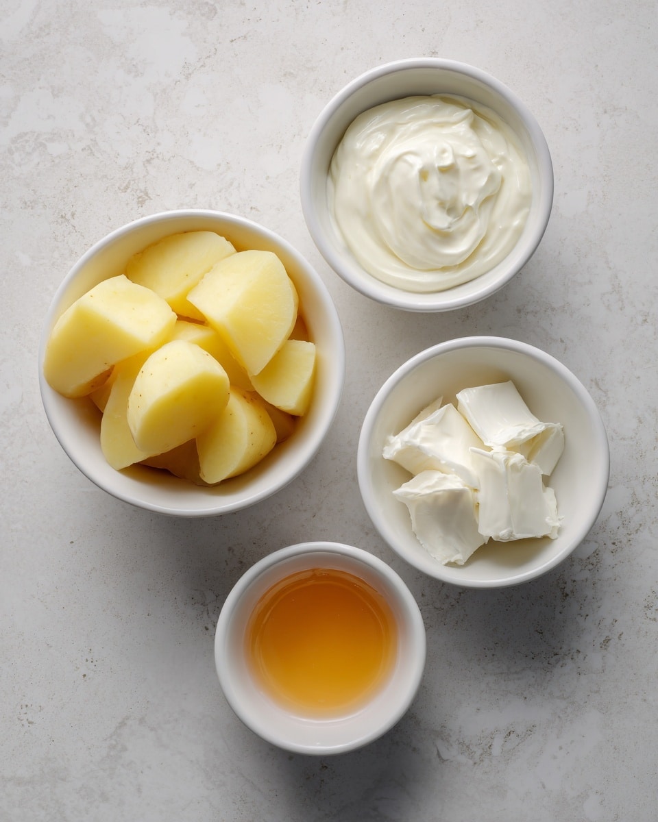 The image shows a white marbled surface with four white bowls arranged in a loose square. The bottom left bowl contains peeled, sliced yellow potatoes, showing some texture on each slice. Above it, a bowl filled with smooth white cream is placed. To the right of the cream, another bowl holds thin, folded white sheets, looking soft and delicate. The bottom right bowl contains a small amount of light orange liquid, possibly a sauce or oil, with a slight shine on its surface. The lighting is soft and natural. Photo taken with an iphone --ar 4:5 --v 7