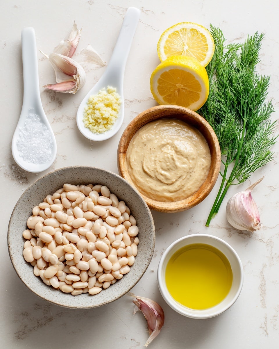 The image shows a top view of cooking ingredients on a white marbled surface. There is a bowl filled with light beige white beans in the bottom left corner. To the right of the bowl, there is a wooden bowl with a light brown creamy sauce. Above the creamy sauce bowl, there are several lemon slices stacked and a small bunch of green dill. Four cloves of garlic with pinkish skins are placed near the lemon. On the top left, two white spoons hold coarse salt and minced garlic. Between the spoons and the lemon slices, there is a small white bowl filled with golden-yellow olive oil. The overall color palette is soft and natural with beige, yellow, green, and white tones. Photo taken with an iphone --ar 4:5 --v 7