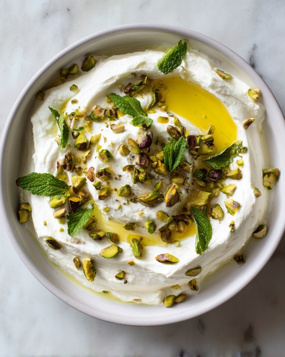 A creamy white dip fills a round white bowl, with a smooth texture and slight ridges on the surface made by a spoon. On top of the dip, a shallow well holds a drizzle of golden olive oil. Scattered around and in the center are light green and purple chopped pistachios adding a crunchy texture. Small dark green mint leaf pieces are sprinkled over the whole dip, providing fresh color contrast. The bowl sits on a white marbled surface. Photo taken with an iphone --ar 4:5 --v 7
