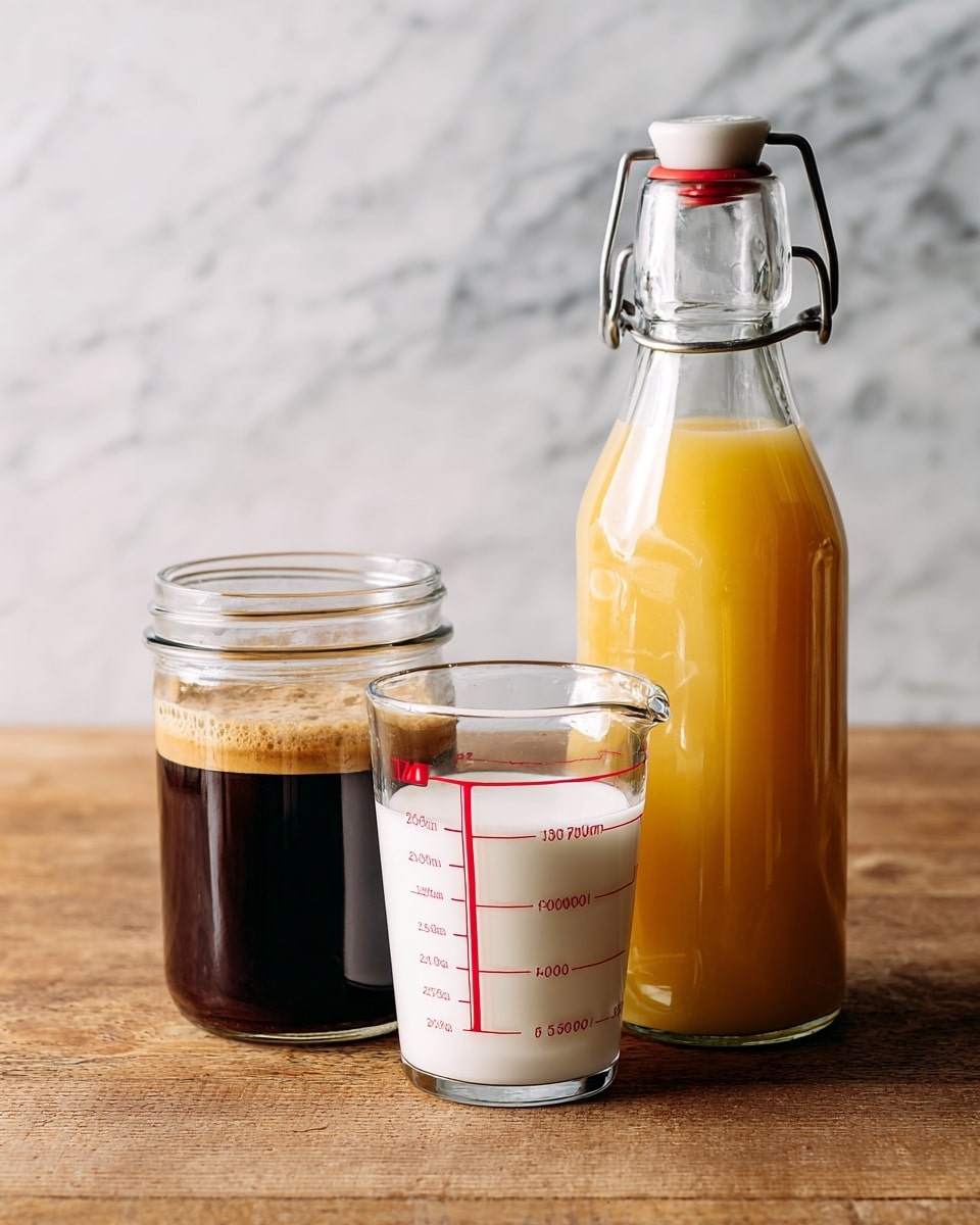 The image shows three containers with different liquids on a wooden surface. On the left, there is a small clear glass jar filled halfway with dark brown espresso, having a light foam layer on top. In the center, there is a clear glass measuring cup filled just above the 1-cup line with white milk, the red measurement marks visible on the cup. On the right, there is a tall clear glass bottle with a metal clasp lid, filled with golden-yellow cardamom syrup and labeled with a black and white sticker. The background is a white marbled texture photo taken with an iphone --ar 4:5 --v 7