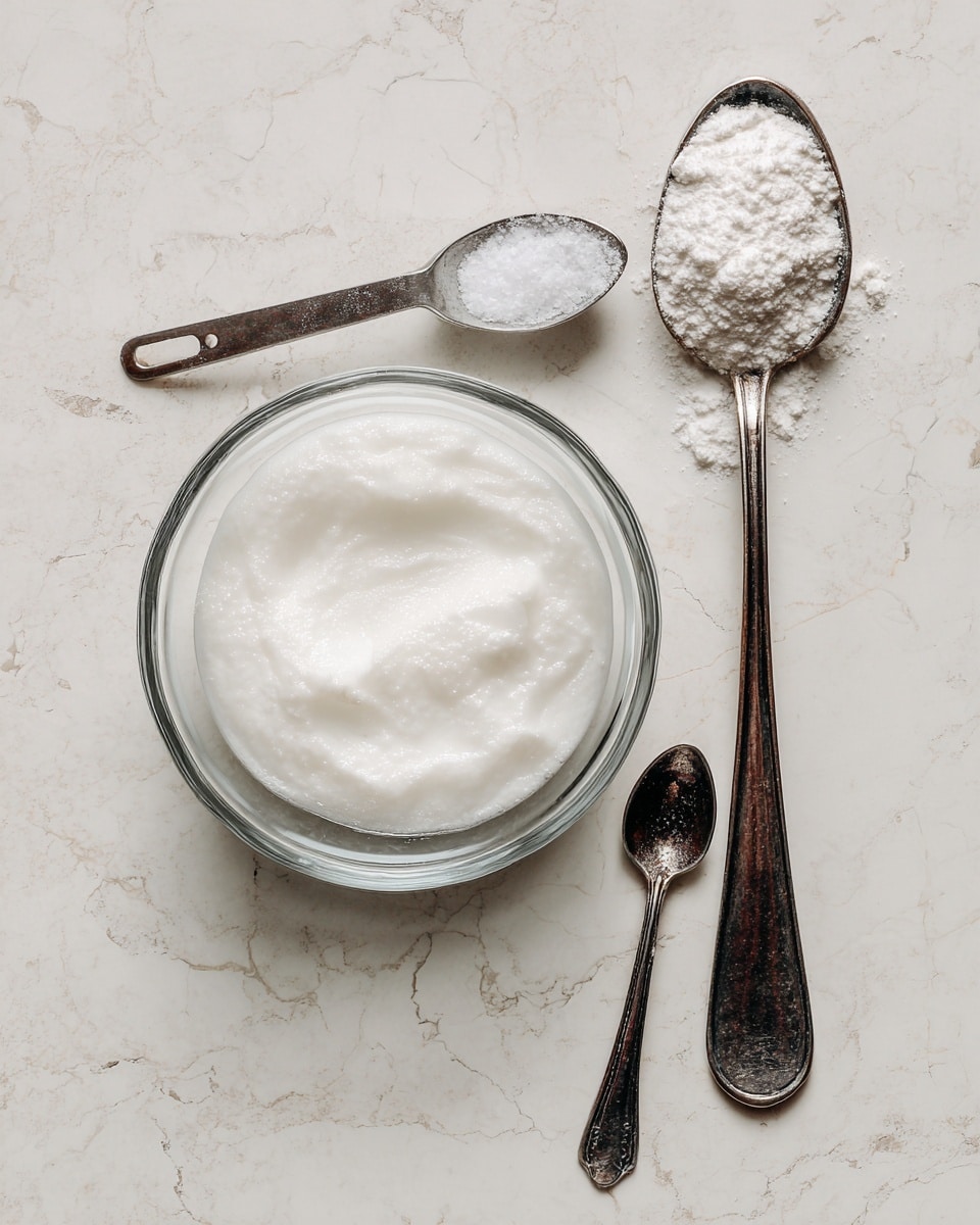 A small clear glass bowl filled with a white smooth liquid sits on a white marbled surface, next to two metal measuring spoons. The larger spoon holds a white powdery substance, while the smaller spoon contains a darker, almost black powder. The spoons are placed parallel to each other with their handles facing downwards, creating a simple and clean arrangement. photo taken with an iphone --ar 4:5 --v 7