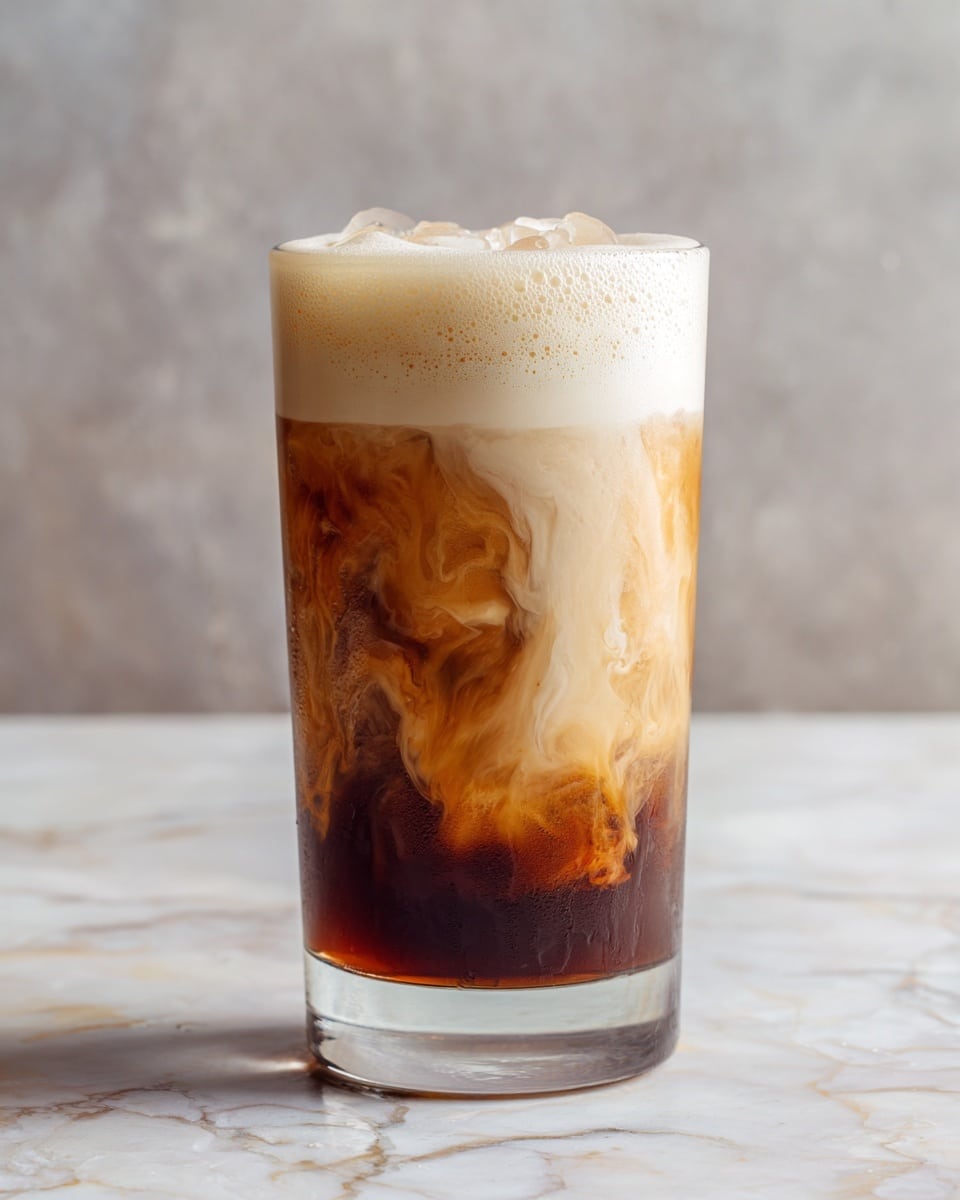A clear glass showing three layers of iced coffee drink is placed on a white marbled surface. The bottom layer is dark brown coffee with visible ice cubes floating inside. The middle layer is a mix of creamy white swirls blending with the dark brown coffee, creating a marbled effect. The top layer is a thick, frothy white foam caps the drink, with tiny bubbles visible on its surface. Photo taken with an iphone --ar 4:5 --v 7