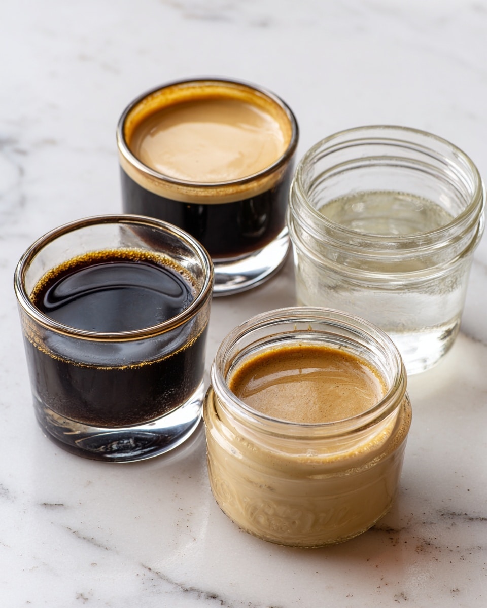 Four clear glasses with silver rims sit on a white marbled surface. The top-left glass holds dark brown liquid with a smooth creamy layer on top. The bottom-left glass contains a very dark brown liquid. The bottom-right glass is filled halfway with a light brown creamy liquid. The top-right glass is a simple clear jar filled with clear liquid. The light reflects softly on the glass surfaces. Photo taken with an iphone --ar 4:5 --v 7