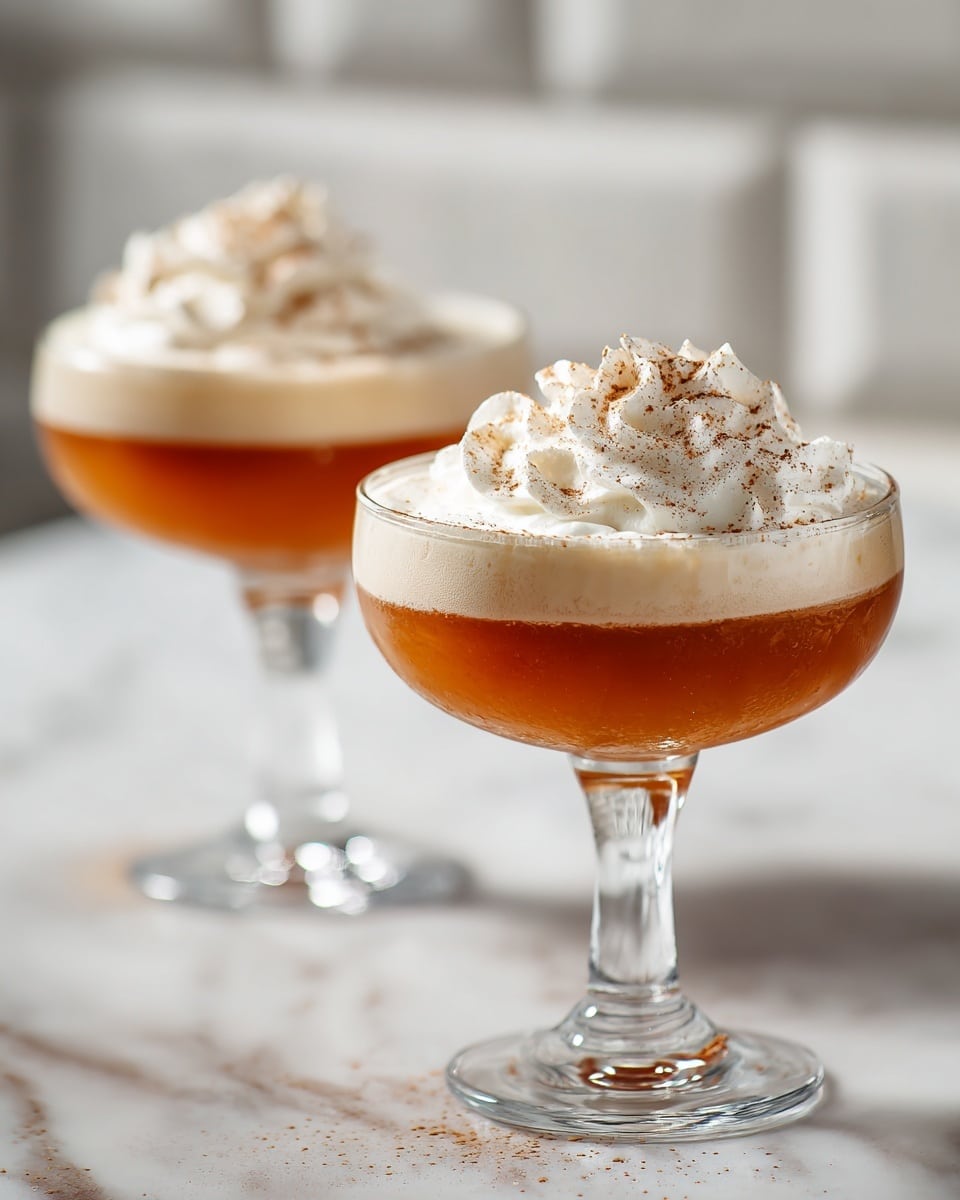 Two cocktail glasses filled with a light brown frothy liquid form the bottom layer, floating just below the rim. On top, there is a thick layer of white whipped cream with a soft, fluffy texture, sprinkled with fine cinnamon powder giving a warm brown speckled effect. Both glasses stand on a white marbled surface, and the background is a soft, out-of-focus white tile. The focus is on the front glass, showing the smooth glass stem and base with a clear shine. photo taken with an iphone --ar 4:5 --v 7