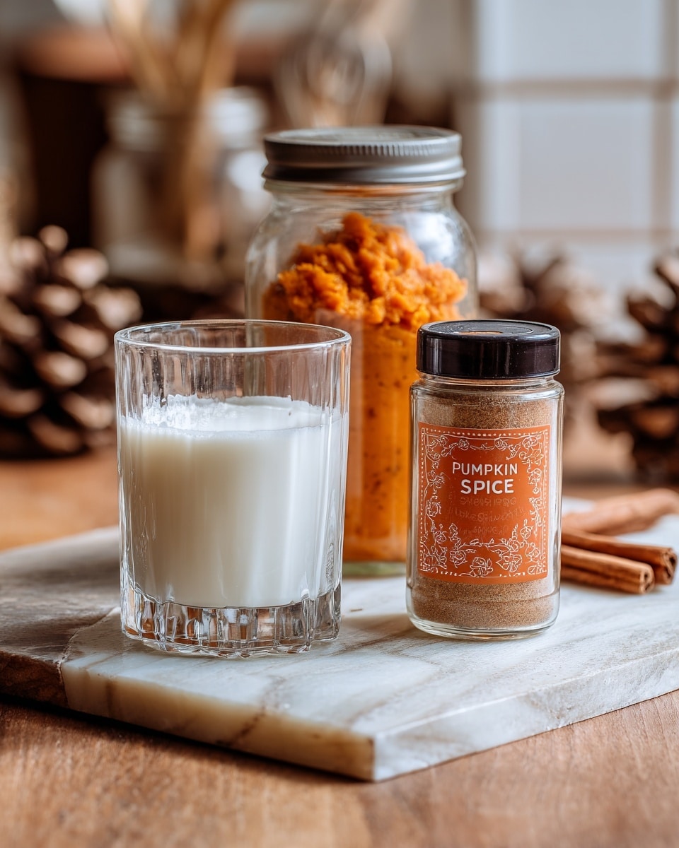 The image shows a small transparent glass filled halfway with white milk, placed on a wooden surface with a white marbled texture. Behind the glass, there is a clear jar with orange pumpkin puree and a dark grey lid, positioned slightly to the left. Next to the jar, on the right, there is a small spice container with an orange label that reads