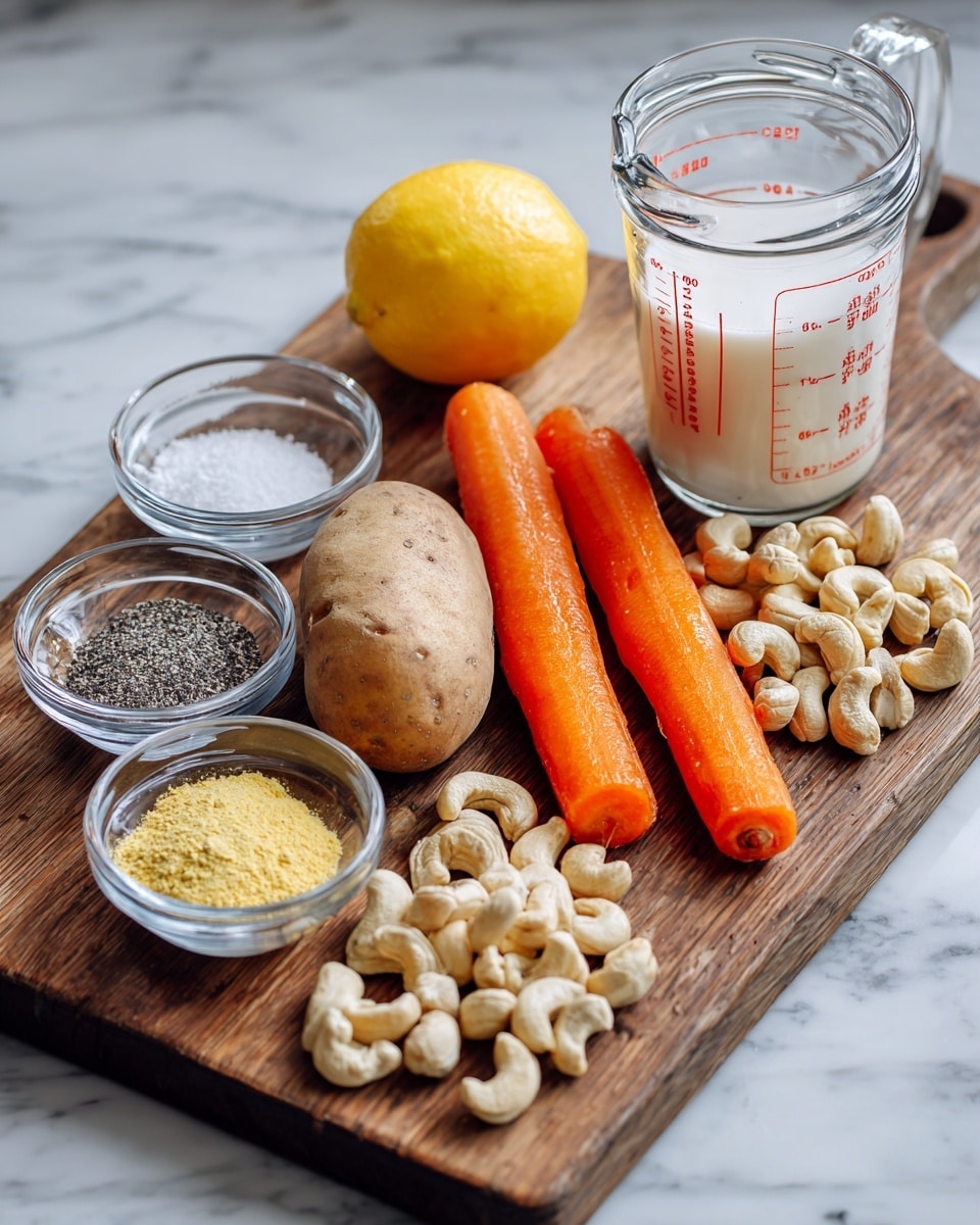 The image shows a wooden board with various ingredients grouped on it. On the left, there are three small clear glass bowls containing white salt, light yellow nutritional yeast powder, and a mix of salt and black pepper. A light brown potato and two bright orange carrots lie crosswise in the center. Behind the carrots, there is a yellow lemon and a clear measuring cup filled with white non-dairy milk with red markings. On the right side, raw cashews are scattered on the wooden board, with some in a small silver bowl and some in a tall glass jar in the back. The surface is a white marbled texture. photo taken with an iphone --ar 4:5 --v 7