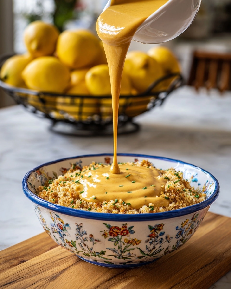 A white bowl with colorful leaf and flower patterns on the outside, filled with a creamy, thick yellow sauce being poured into it from above, creating soft swirls on the surface. Behind the bowl, slightly blurred, is a white baking dish filled with a golden-brown crumb topping sprinkled with chopped green herbs. The bowls are placed on a light wooden board with a white marbled textured surface underneath. photo taken with an iphone --ar 4:5 --v 7