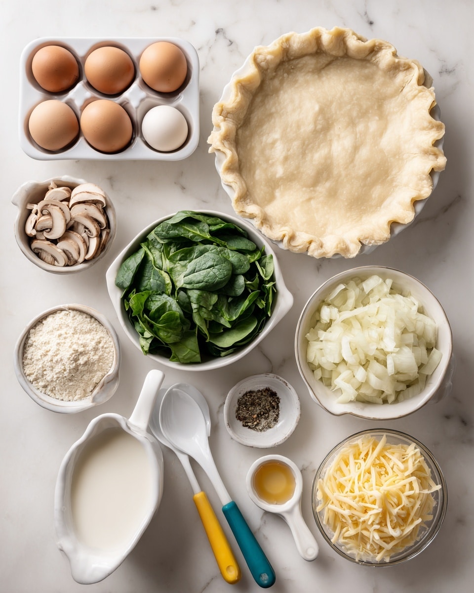The image shows several small white dishes and measuring spoons arranged neatly on a white marbled surface. There are six brown eggs in a white dish in the top left, a pie crust in a white dish in the top right, and a bowl of sliced mushrooms next to the crust. Below, there is a white bowl of chopped onions, a white bowl full of fresh green spinach, and a small bowl with a mix of salt and pepper. There are also two measuring spoons with yellow and blue handles containing honey and oil, a white spoon with milk, and a bowl with shredded yellow cheese. The items are spaced clearly and viewed from above, photo taken with an iphone --ar 4:5 --v 7
