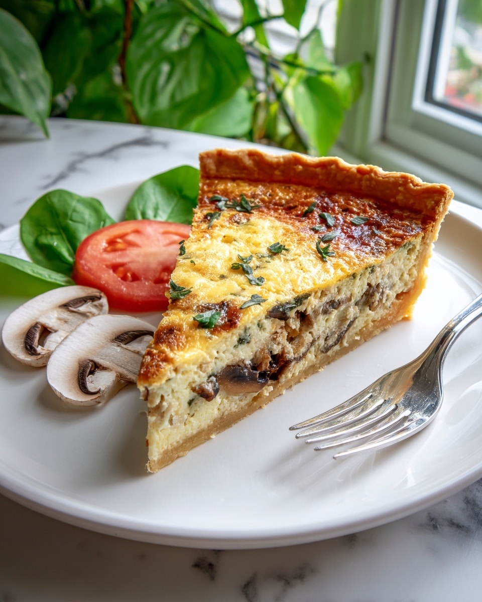 A slice of quiche with a golden brown, slightly crispy crust at the base and edges, filled with a creamy layer that has visible bits of green herbs, mushrooms, and melted cheese. The top layer is lightly browned with some melted yellow cheese streaks and sprinkled finely chopped green chives. The slice sits on a white square plate next to fresh spinach leaves, a slice of red tomato, and two slices of white mushrooms. The plate is on a white marbled surface with a silver fork near the front edge. Photo taken with an iphone --ar 4:5 --v 7