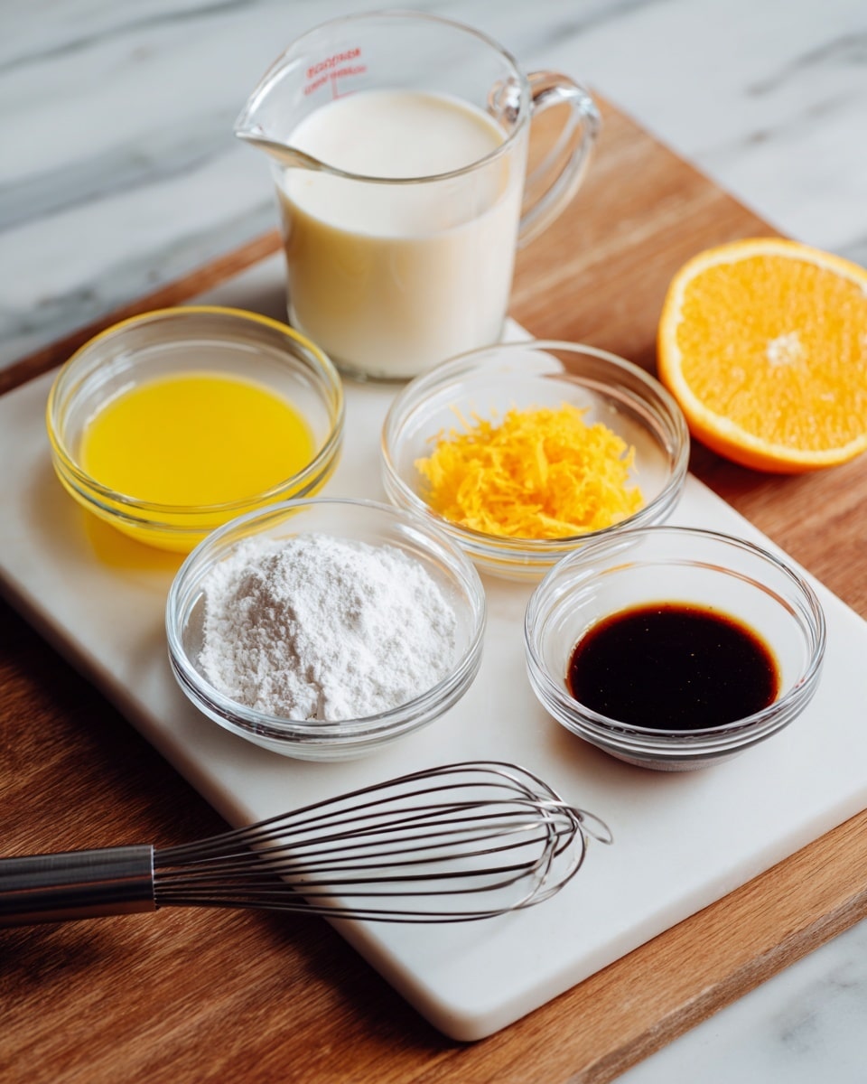 The image shows a white cutting board on a wooden surface with five small glass bowls arranged on it. The top left bowl contains a bright yellow liquid, the top right bowl holds orange zest, and the middle bowl contains a dark brown liquid, likely vanilla or syrup. The bottom left bowl is filled with white powder, possibly flour or baking powder, and a whisk with a black handle lies horizontally across the bottom left of the cutting board. Behind the cutting board, there is a clear glass measuring cup filled halfway with creamy white liquid, and to the right of the board, a slice of orange rests on the wooden surface. The background is a white marbled texture. Photo taken with an iphone --ar 4:5 --v 7