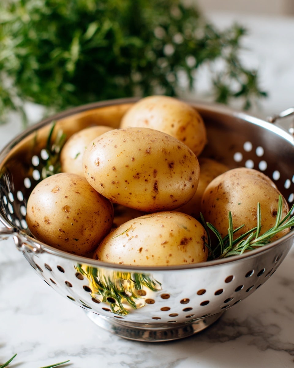 A close-up image of several light brown potatoes with smooth, slightly speckled skin inside a shiny metal colander with small round holes, reflecting yellow and green colors on its surface. The colander is placed on a white marbled surface, and in the blurry background, there are some green plants visible. photo taken with an iphone --ar 4:5 --v 7