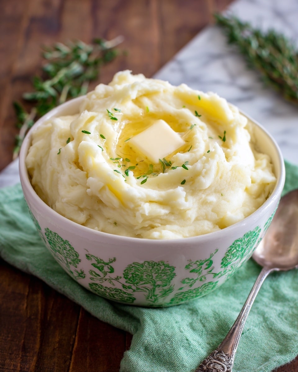 A white bowl filled with creamy mashed potatoes, light yellow in color with a smooth and slightly lumpy texture, topped with a small melting pat of butter in the center. The bowl is placed on a wooden surface with green herbs nearby and black and light wooden pepper grinders in the background. The setting is bright and cozy with a soft focus on the background, all on a white marbled textured surface. Photo taken with an iphone --ar 4:5 --v 7