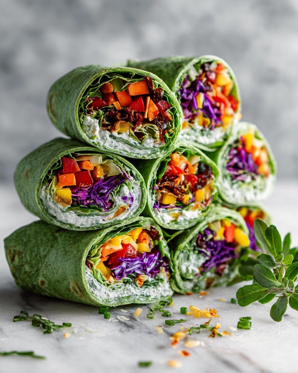 Five small green wraps stand upright on a white marbled surface, each showing layers of fresh ingredients inside. The outer green wrap is smooth and slightly textured. Inside, there are layers of bright red, orange, and yellow bell peppers, deep purple cabbage pieces, thin green lettuce, and a white creamy spread that peeks through the center. Small chopped vegetables and green herbs are scattered around the wraps, with a small green herb sprig on the right side. The image is sharp and clear, with good lighting highlighting the fresh colors. photo taken with an iphone --ar 4:5 --v 7