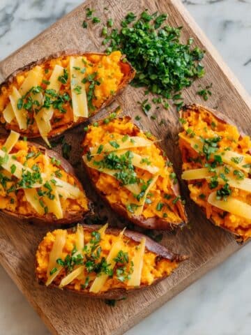 Twice-Baked Sweet Potatoes with Vegan Cheese and Breadcrumb Topping Recipe