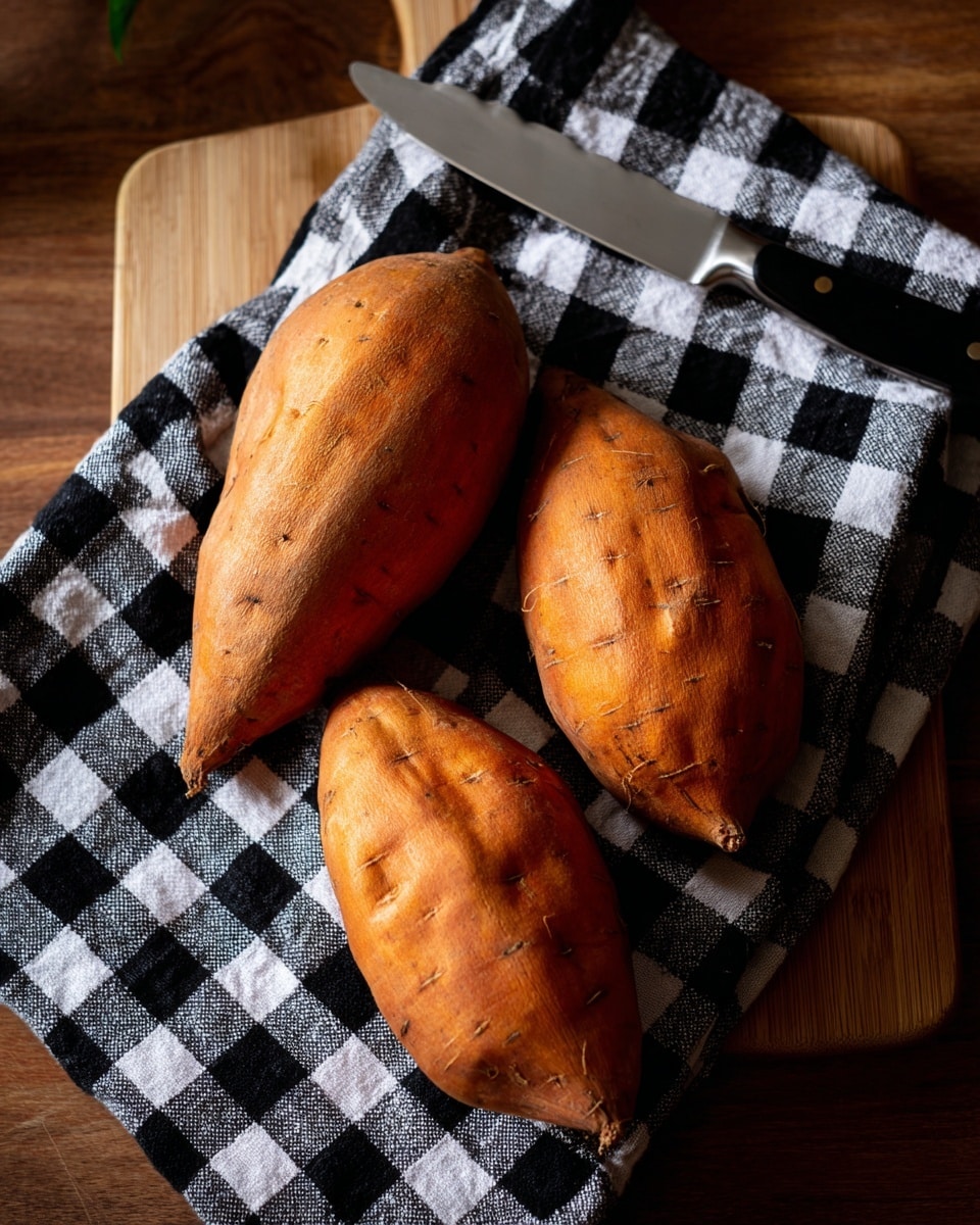 The image shows three whole sweet potatoes with orange skin lying on a black and white checkered cloth, which is placed on a wooden cutting board. On the top right side of the cloth, there is a silver knife with a black handle resting diagonally. The overall setting is simple and clear. Photo taken with an iphone --ar 4:5 --v 7