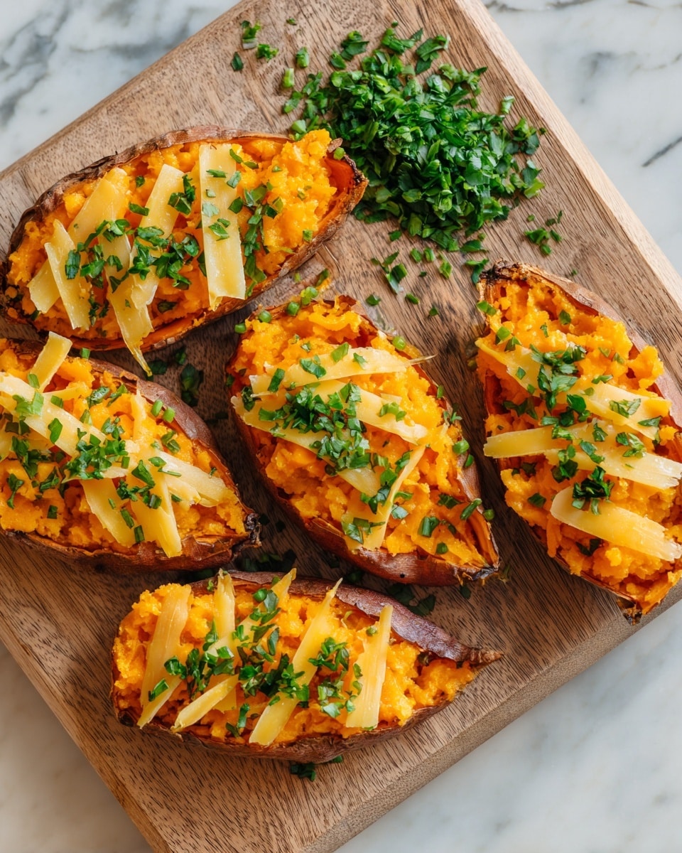 Four halves of roasted sweet potatoes filled with orange mashed sweet potato on a wooden textured surface, topped with thin yellow strips of cheese laid in a crisscross pattern, sprinkled with green chopped parsley, and a small pile of parsley on the upper right; the skin edges are visible, dark brown, and slightly wrinkled photo taken with an iphone --ar 4:5 --v 7