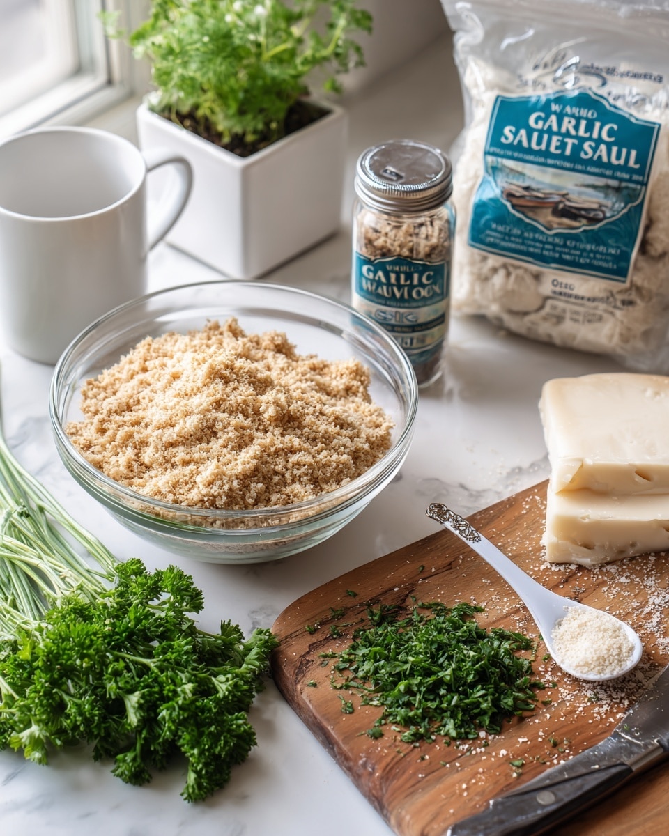 The image shows a clear glass bowl on the left filled with a crumbly, light brown mixture that appears textured and chunky. Below the bowl, there is a bunch of fresh parsley with bright green, leafy stems spread out on a white marbled surface. To the right, a white measuring spoon with some beige dry seasoning rests near a pile of finely chopped green herbs. Behind the herbs, there is a block of white cheese with rough edges. Also visible is a shiny kitchen knife with a silver blade and white handle laying flat. In the background, a jar labeled