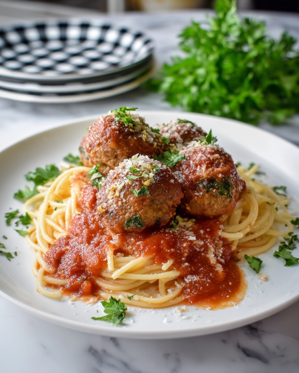 A white plate holds a serving of spaghetti with two meatballs on top and one meatball beside the spaghetti, all sprinkled with grated cheese. The spaghetti is light yellow and smooth, arranged in a loose pile towards the right side of the plate. Bright red tomato sauce covers part of the spaghetti and the two meatballs on it, while the meatball on the side is dry. There is a small green parsley sprig on the left side of the plate near the two meatballs. The plate is set on a light wooden surface, with part of a white bowl with black checkered pattern and green herbs blurred in the background. photo taken with an iphone --ar 4:5 --v 7