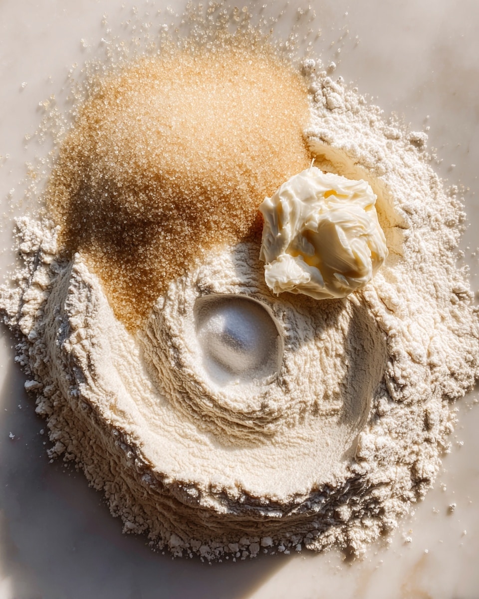 This image shows a close-up of several baking ingredients arranged on a white marbled surface, forming three distinct layers. The bottom layer is a large, uneven ring of soft white flour spread out in a circle, with a smooth, small well in the center. Above the flour and toward the upper right part of the circle is a small mound of white solid shortening or butter with a glossy, smooth texture. Next to this, on the upper left side of the flour circle, is a layer of fine sparkling granulated sugar with a light beige color, slightly spread out but mostly concentrated in a curved shape. The whole setup is on a wooden board, with natural light highlighting the textures. Photo taken with an iphone --ar 4:5 --v 7