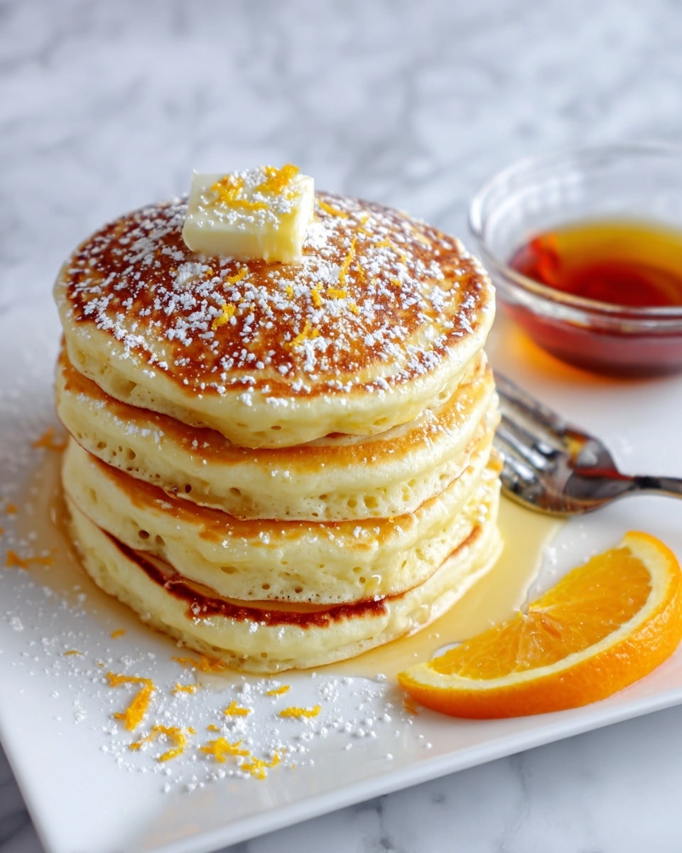 A stack of four light golden brown pancakes with a soft texture sits in the middle of a white plate on a white marbled surface. On top of the stack is a small dollop of pale yellow butter, and some orange zest is scattered over the top pancake and around it on the plate. There is a light dusting of white powdered sugar on the pancakes. To the right of the pancakes, a fresh, bright orange wedge rests on the plate. A clear small glass bowl filled with amber syrup is placed near the edge of the plate with a fork behind the pancake stack. photo taken with an iphone --ar 4:5 --v 7