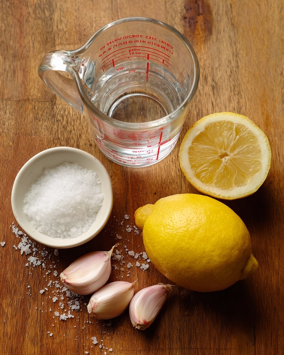 The image shows a wooden surface with several cooking ingredients arranged carefully. On the right, there is one whole yellow lemon and next to it a lemon half showing its shiny, juicy inside with a light yellow color. To the left of the lemons are four garlic cloves with pale pinkish-white skins. Above the garlic is a clear Pyrex measuring cup filled with a little liquid, with red measurement markings visible on its sides. To the left of the measuring cup, there is a small white glass bowl filled with coarse white salt, with some salt spilled outside the bowl onto the wooden surface. photo taken with an iphone --ar 4:5 --v 7