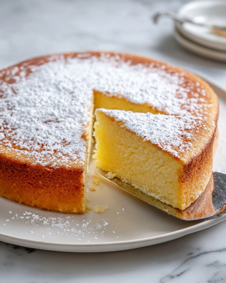 A round cake with one slice lifted showing its soft, light yellow inside and golden-brown crust on the side. The top of the cake has a light dusting of white powdered sugar that covers uneven parts of the surface. The cake sits on a white plate with a smooth edge, all placed on a white marbled surface. A silver cake spatula holds the lifted slice, angled slightly to showcase the cake's texture. Photo taken with an iphone --ar 4:5 --v 7