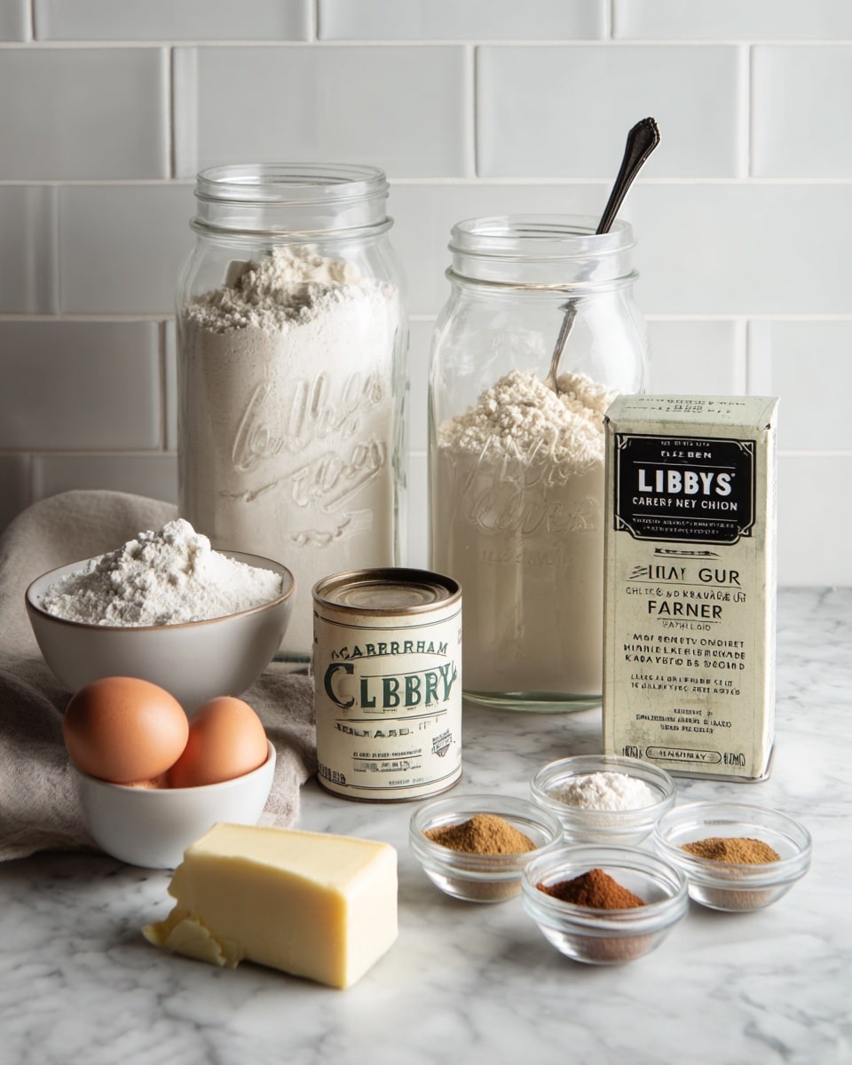 The image shows ingredients arranged neatly on a white marbled surface. Two large glass jars with lids hold a white granular substance (likely sugar) on the left and a white powdery substance (likely flour) on the right with a metal spoon resting inside. In front of the jars are a container of baking powder labeled