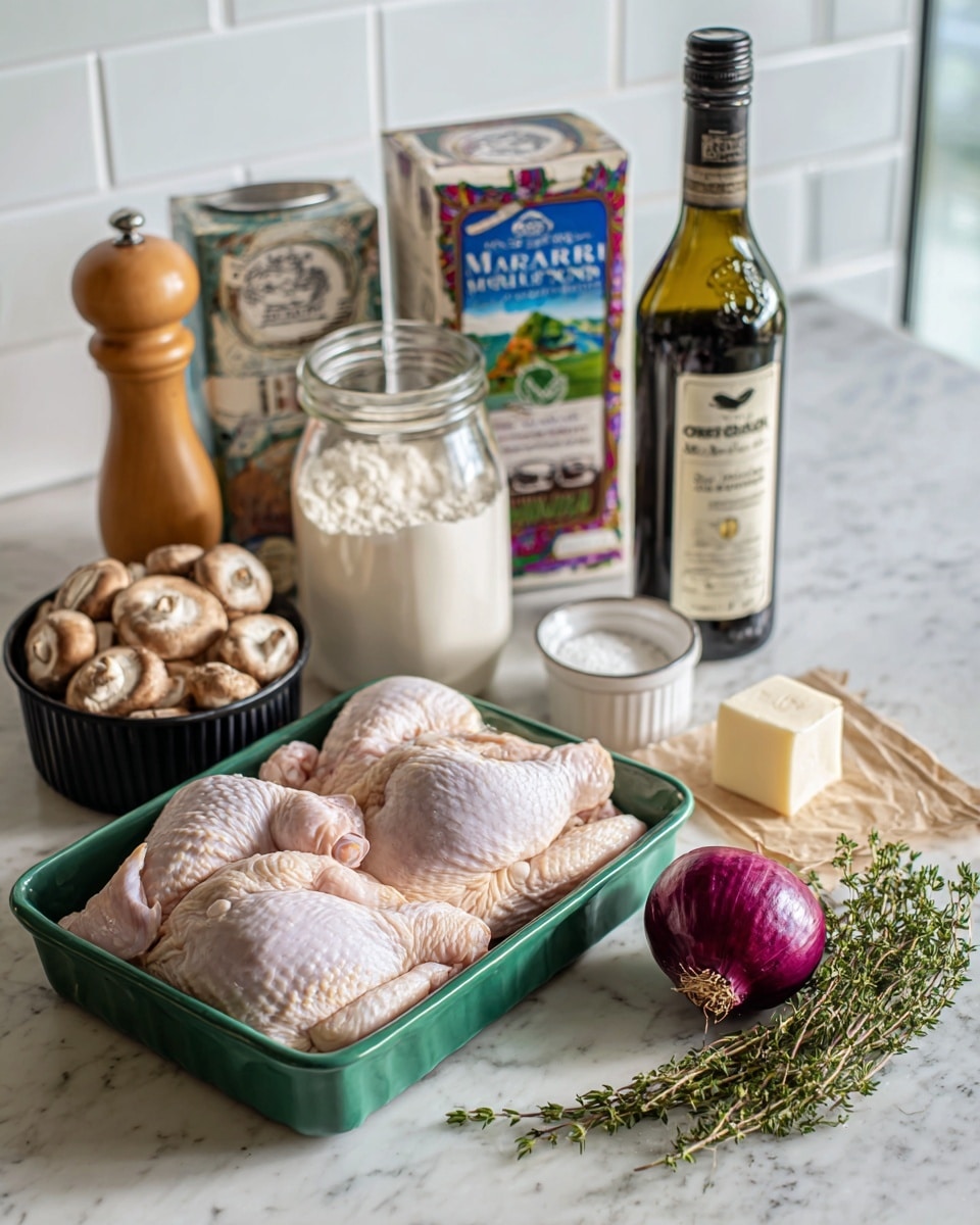 The image shows ingredients for cooking arranged on a white marbled surface. In the front, there are two raw chicken pieces placed side by side in a green tray. To the right, there is a small bundle of fresh green herbs, a shallot with purple skin, two cloves of garlic, a small cube of butter wrapped in paper, and a small bunch of thyme. Next to these, there is a black container filled with sliced mushrooms. In the background, from left to right, there is a wooden pepper grinder, a large clear glass jar full of white flour, a small carton of organic heavy whipping cream, a bottle of Marsala wine with a colorful label, a dark green bottle of extra virgin olive oil, a white bowl with salt, and a carton of chicken broth. The setup has a clean and bright look with a white tiled wall in the background. Photo taken with an iphone --ar 4:5 --v 7