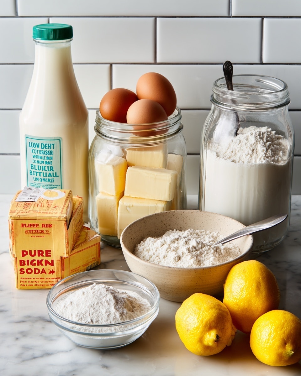 The image shows a collection of baking ingredients arranged on a white marbled surface. From left to right, there is a tall white bottle of lowfat cultured buttermilk with a green cap, two sticks of unsalted butter stacked on top of each other, and three brown eggs placed beside them. Next, there are two large glass jars with lids; the left jar is filled with white sugar and the right jar contains white flour with a dark spoon inside. In front of these jars, a small clear glass bowl holds a white powder, likely baking powder. There is also a small beige bowl filled with baking soda powder, with an orange box labeled