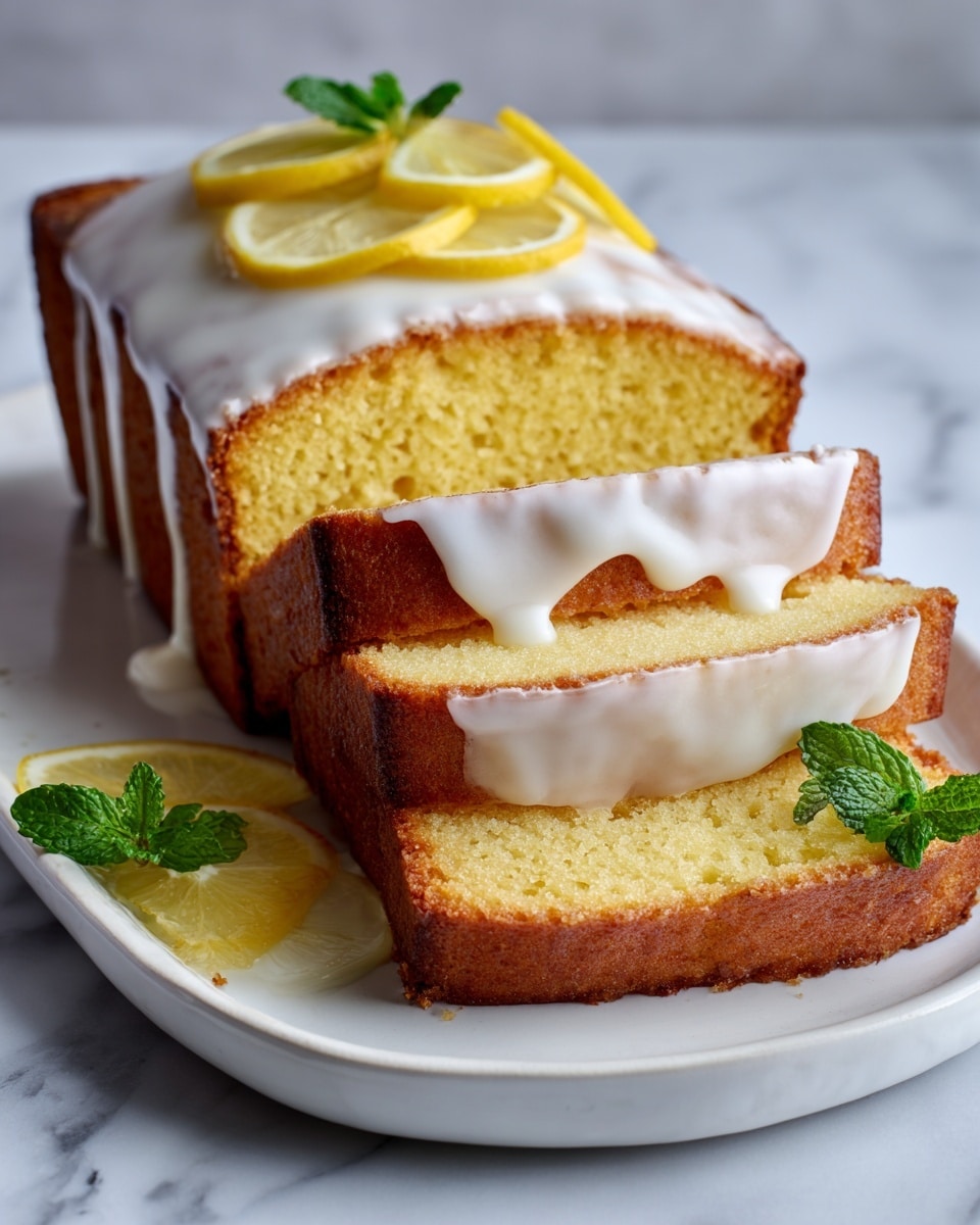 A white plate holds a loaf of lemon pound cake with four thick slices cut and laid out beside it. The cake has a golden brown crust and a light yellow inside. A white icing glaze is drizzled over the top of the loaf and also coats the bottom edges of the slices. Three thin lemon wedges and a small green mint sprig sit next to the cake on the plate. The plate rests on a white marbled surface. Photo taken with an iphone --ar 4:5 --v 7