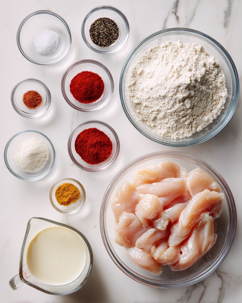 The image shows several clear glass bowls and a measuring cup arranged on a white marbled surface. On the right side, there is a clear plastic container filled with raw, pale pink chicken tenders. Nearby, there is a large clear bowl filled with white flour. Surrounding the chicken and flour are small clear bowls with various spices and ingredients: one with white salt, one with black pepper, two with red powders of different shades, one with a yellow powder, and one with white powder. There is also a small bowl with a white liquid, and a glass measuring cup containing a creamy white liquid. The scene looks clean and organized, with a top-down view. photo taken with an iphone --ar 4:5 --v 7