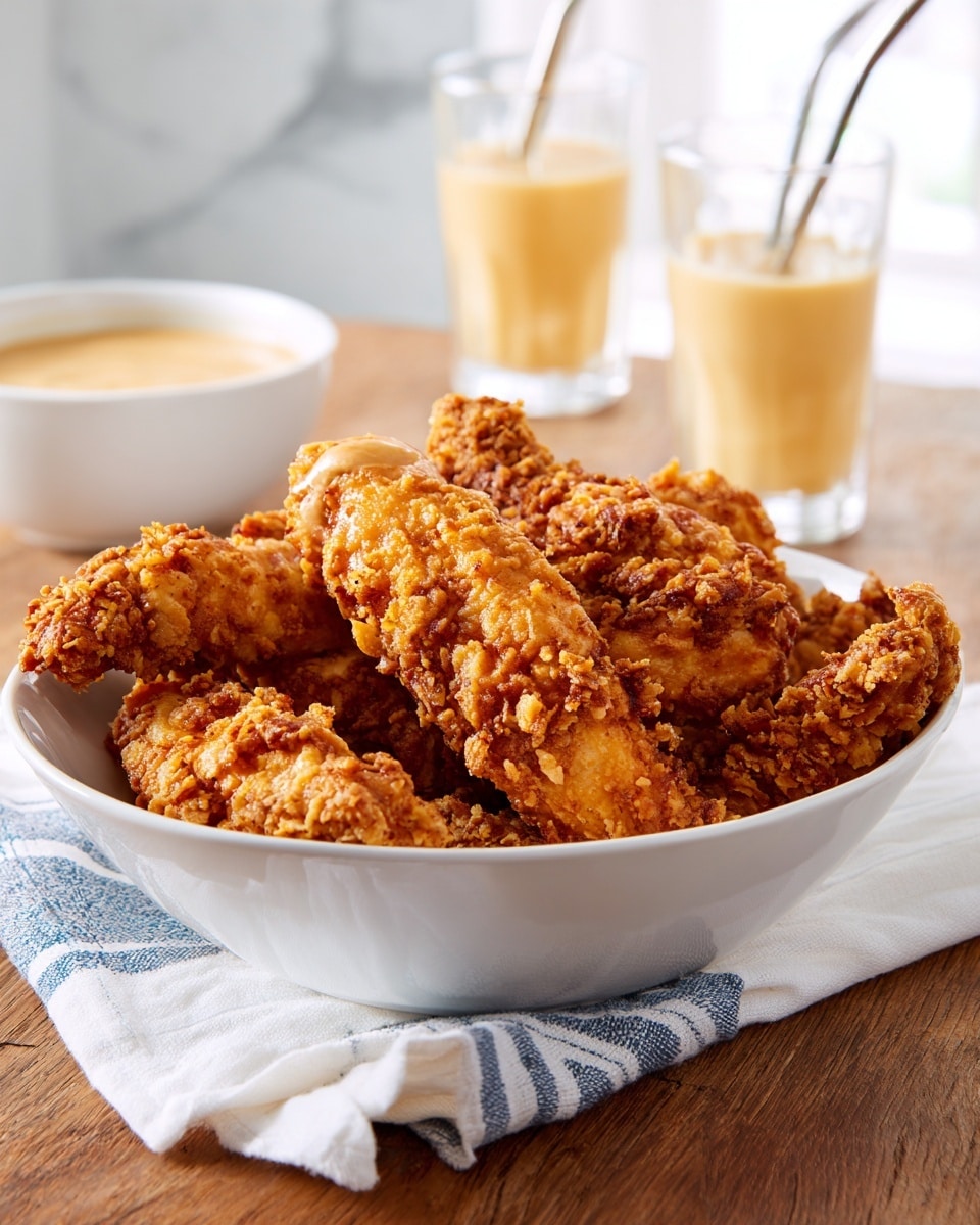 A white bowl filled with several pieces of golden brown crispy fried chicken strips, showing a crunchy texture with uneven, rough edges. The bowl sits on a white cloth with blue stripes, placed on a wooden surface. Behind the bowl, there is a small white bowl filled with light-colored dipping sauce and two glasses of light yellow drink with straws, blurred in the background. The overall setting has soft natural light and a white marbled background. photo taken with an iphone --ar 4:5 --v 7