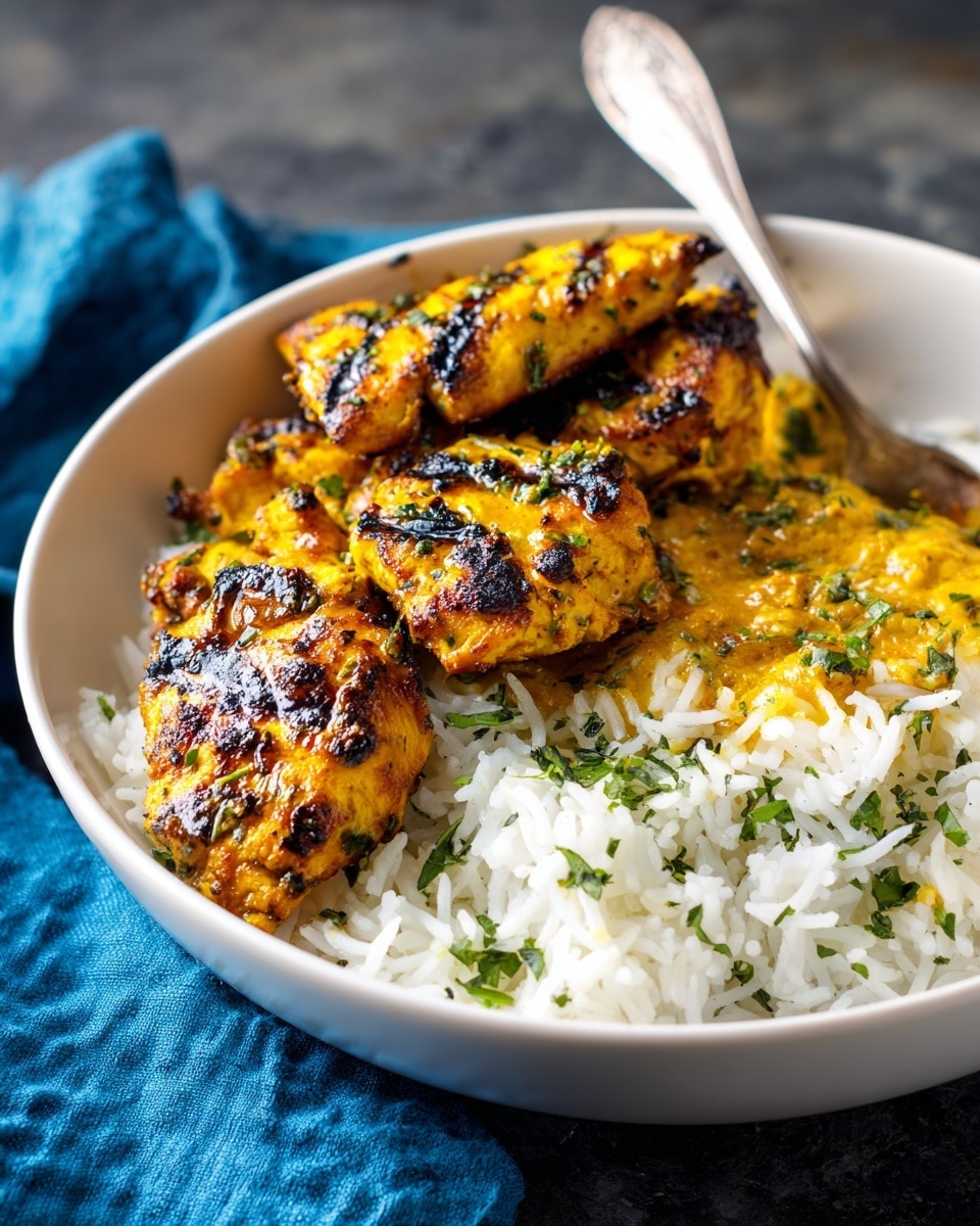 In the white bowl on a white marbled surface, there is a bed of fluffy white rice with a light sauce spread unevenly, having a light orange color mixed in some areas. On top of the rice, there are three large pieces of grilled yellow chicken with dark char marks on the surface, adding texture and contrast. Small green herb leaves are scattered lightly over the chicken and rice, giving a fresh touch to the dish. A spoon is partially visible on the right side of the bowl, hinting at the readiness to eat. Photo taken with an iphone --ar 4:5 --v 7