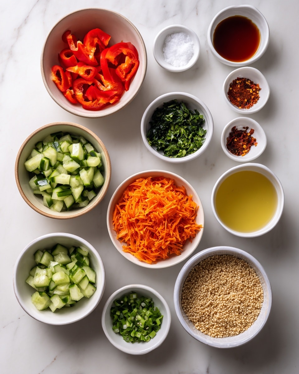 The image shows an overhead view of small white bowls and one light brown bowl placed neatly on a white marbled surface. There are eleven bowls arranged in a loose grid with different ingredients: bright red sliced bell peppers in a light brown bowl on the bottom left; beside it, in a white bowl, are chopped green cucumbers; an orange pile of shredded carrots fills the white bowl next to the cucumbers; to the right is a white bowl filled with small, round, light beige grains. Above them, there are four white bowls containing chopped green herbs (two with leafy herbs, one with chopped green onions), and a pale yellow liquid in the far right bowl. At the top, three bowls contain smaller amounts of ingredients: white coarse salt, red chili flakes, and a dark amber liquid. The bowls are evenly spaced on the smooth white marbled background. photo taken with an iphone --ar 4:5 --v 7