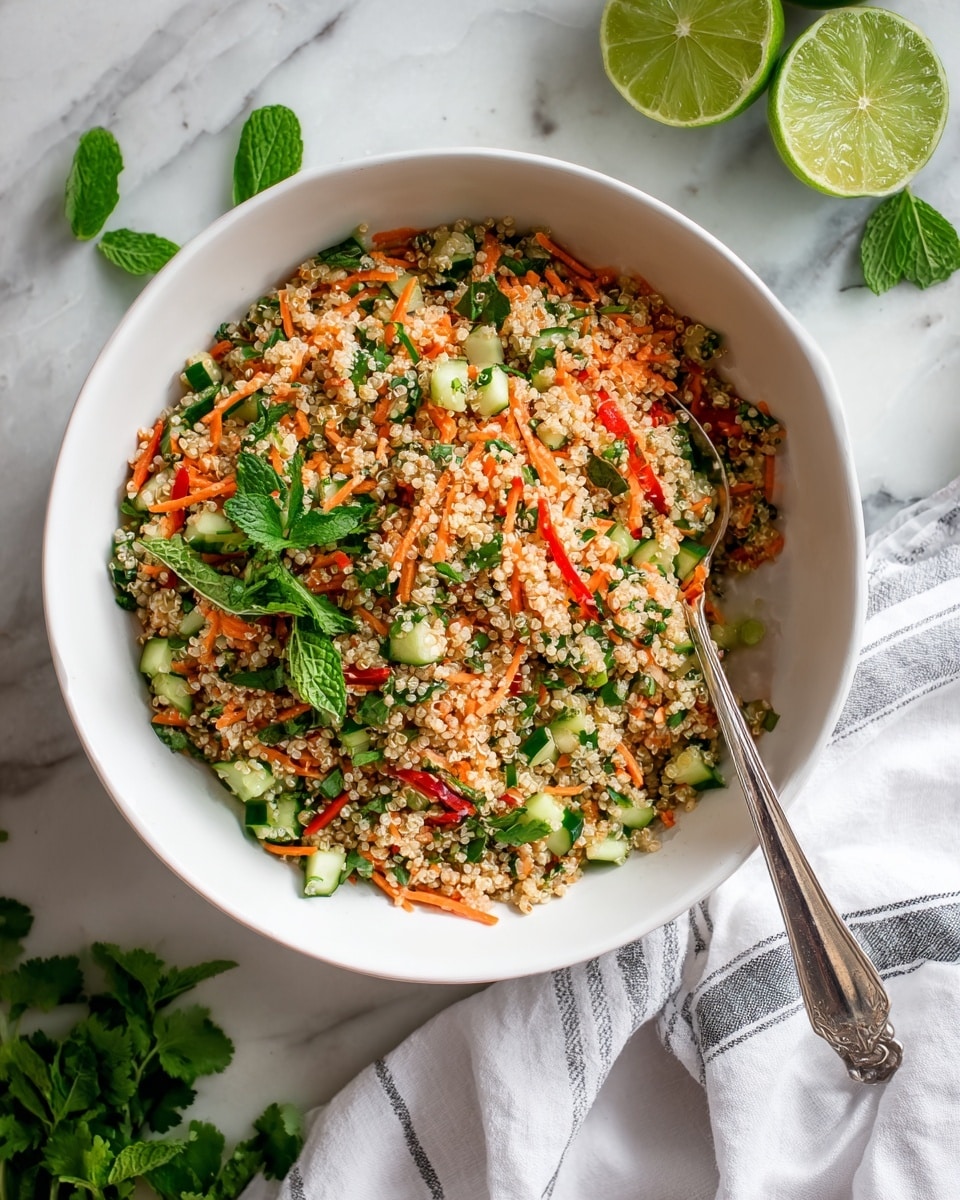 A large white bowl is filled with a colorful quinoa salad that has three main visible layers mixed together: small light beige quinoa grains forming the base, thin orange carrot shreds, bright green cucumber chunks, and red bell pepper strips spread evenly throughout. Fresh green herb leaves, possibly mint and cilantro, are scattered on top, adding detail and color. A silver spoon rests inside the bowl on the right side, partially buried in the salad. Around the bowl on a wooden surface, there are quartered lime pieces and some loose herb leaves. A white cloth napkin is placed near the bottom right corner. The photo taken with an iphone --ar 4:5 --v 7