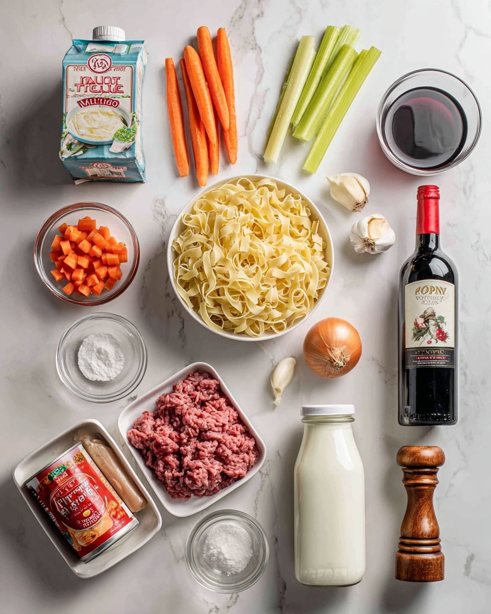 The image shows various ingredients arranged on a white marbled surface with a white tiled background. From left to right, there is a carton of beef broth, a small white bowl filled with white granulated sugar, a small glass bowl with diced bacon, two fresh orange carrots, two green celery sticks, two whole yellow onions, a small pile of garlic cloves, a small glass bowl with clear liquid, a white tray with raw ground beef, a can of crushed tomatoes with a red tomato design on the label, a plastic package of fettuccine pasta, a white plastic bottle of milk with a red cap, a dark green glass bottle of red wine labeled