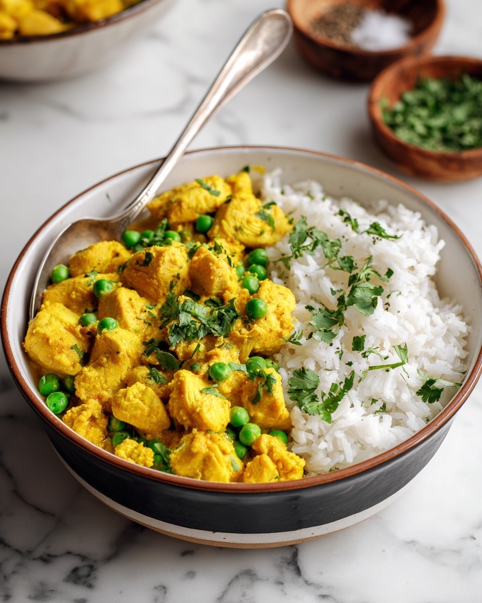 A white bowl holds a layered dish with white rice on the right side and a yellow chicken curry with green peas and fresh cilantro leaves on the left side; the curry looks creamy with soft, smooth textures and the peas add round, bright green spots across the yellow sauce and chicken pieces. A silver spoon is placed inside the bowl, resting on the edge near the curry. The bowl sits on a white marbled surface, with blurred brown wooden bowls of salt, pepper, and fresh herbs in the background. photo taken with an iphone --ar 4:5 --v 7