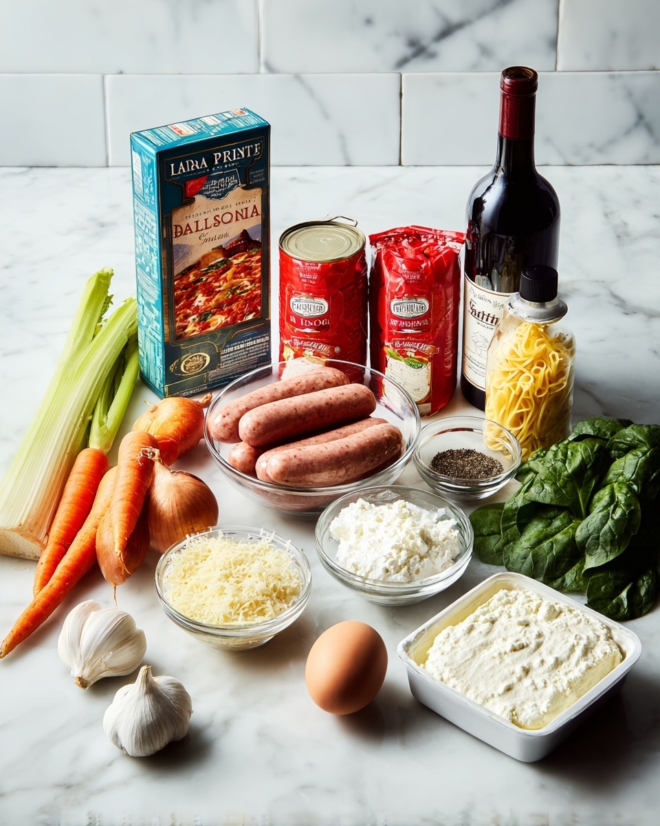 The image shows ingredients for cooking arranged neatly on a white marbled surface with a white tiled background. From left to right, there is a box of Barilla oven-ready lasagne next to two carrots, a celery stalk, and an onion in front. In front of the onion, there are four cloves of garlic. Behind the garlic and near center is a small bowl with grated cheese and a small glass container with black pepper. Centered is a glass bowl with three raw sausage links on top. Behind the sausage bowl, there is a can of crushed tomatoes. To the right behind are two red packets of shredded mozzarella cheese. Right in front of the packets, there is a carton of heavy whipping cream and a tub of ricotta cheese beside a block of cream cheese. To the right in front of the sausage bowl is a fresh egg, and behind it is some green leafy spinach. Behind the egg and spinach stands a bottle of olive oil next to a dark bottle of red wine. The overall colors on the white marble are natural reds, greens, whites, and browns. Photo taken with an iphone --ar 4:5 --v 7